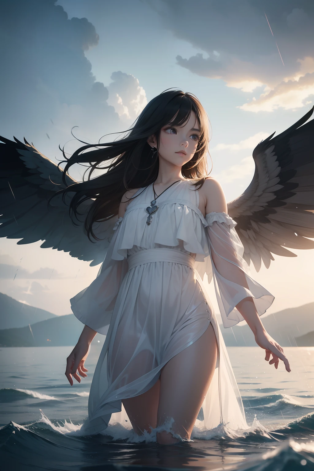 Jesus walking on a water in a storm,tmasterpiece,best qualtiy,high qulity,extremely detailed CG unit8k wallpaper,award winning photography,Bokeh,depth of fields,hdr,flood,color difference,realisticlying,The is very detailed,Popular on artstation,Popular on CGsociety,复杂,high detal,dramatics,Art on the go,Volumetriclighting,femele,angelicales,Wings,cupid
