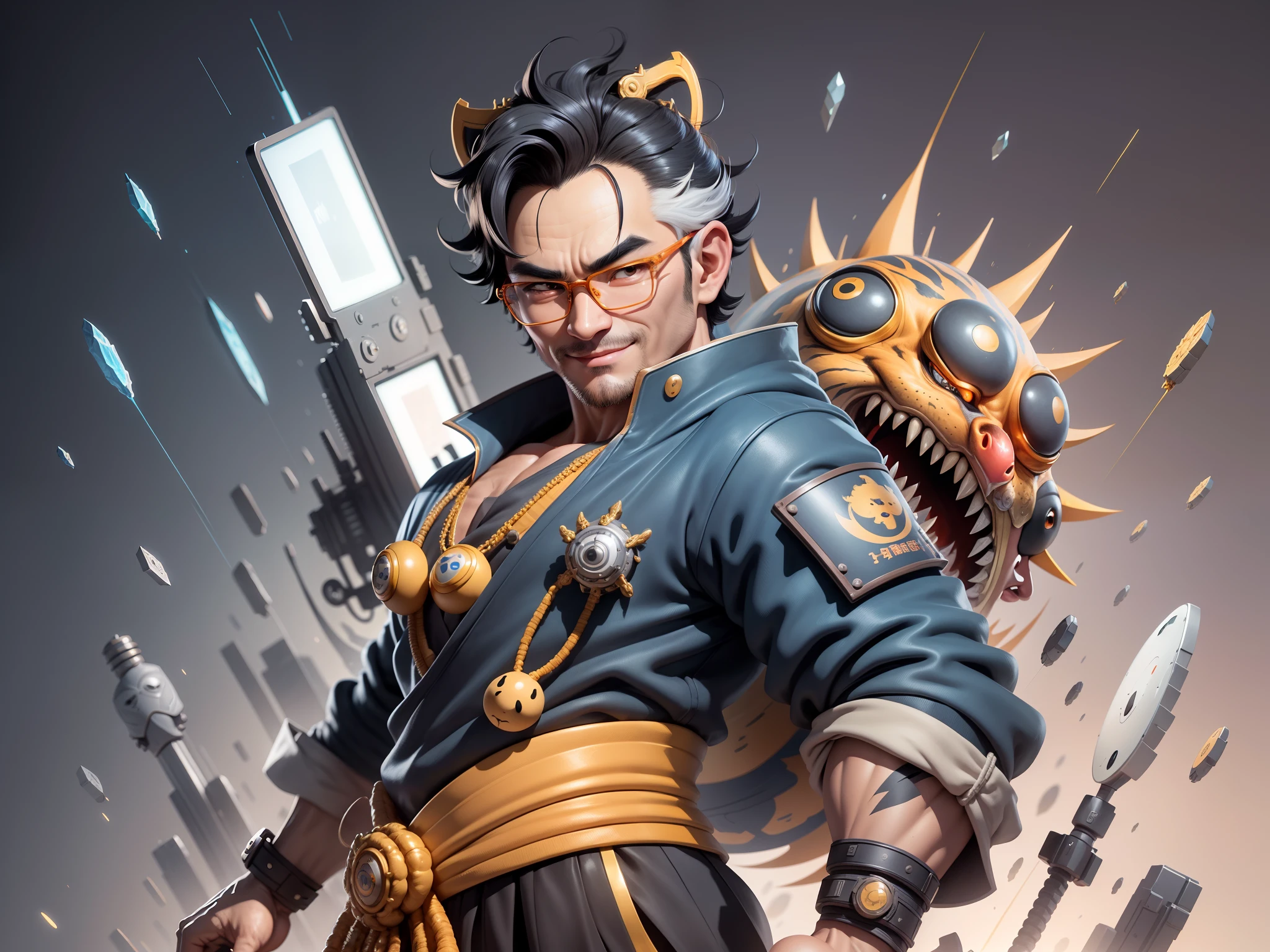 (Masterpiece), (Excellent), (Super Meticulous), (Full Body: 1.2), Super Young Man with Japanese Female Geisha, Pretty, Beautiful, Chinese Dragon, Tiger, Wind God Thor, Sexy, Bursting, Oriental Face, TV Anchor, Bust Portrait Illustration, Black Suit, Blue Tie, Slightly Chubby Face, Silver Glasses, Very Clean Face, No Beard on Chin, Black Super Short Hair, Black Eyes, Confident Smile, 3c Computer Sub-Products, iPad, iPhone, Digital Painting, 3D character design by Mark Clairedon and Pixar and Hayao Miyazaki and Akira Toriyama, the illustrations are HD illustrations in 4K resolution with highly detailed facial features and cartoon-style visuals.