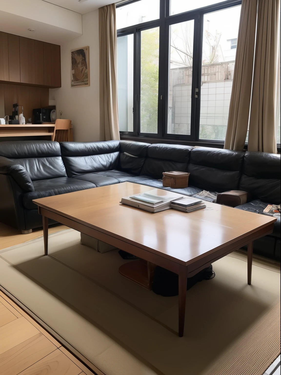 The living room has a black leather sofa and table., throughout the room, tokyo, living room,a lot of papers on dining table, sweep window, ((sence of life)), (Cluttered background,), Messy room, Overflowing with things