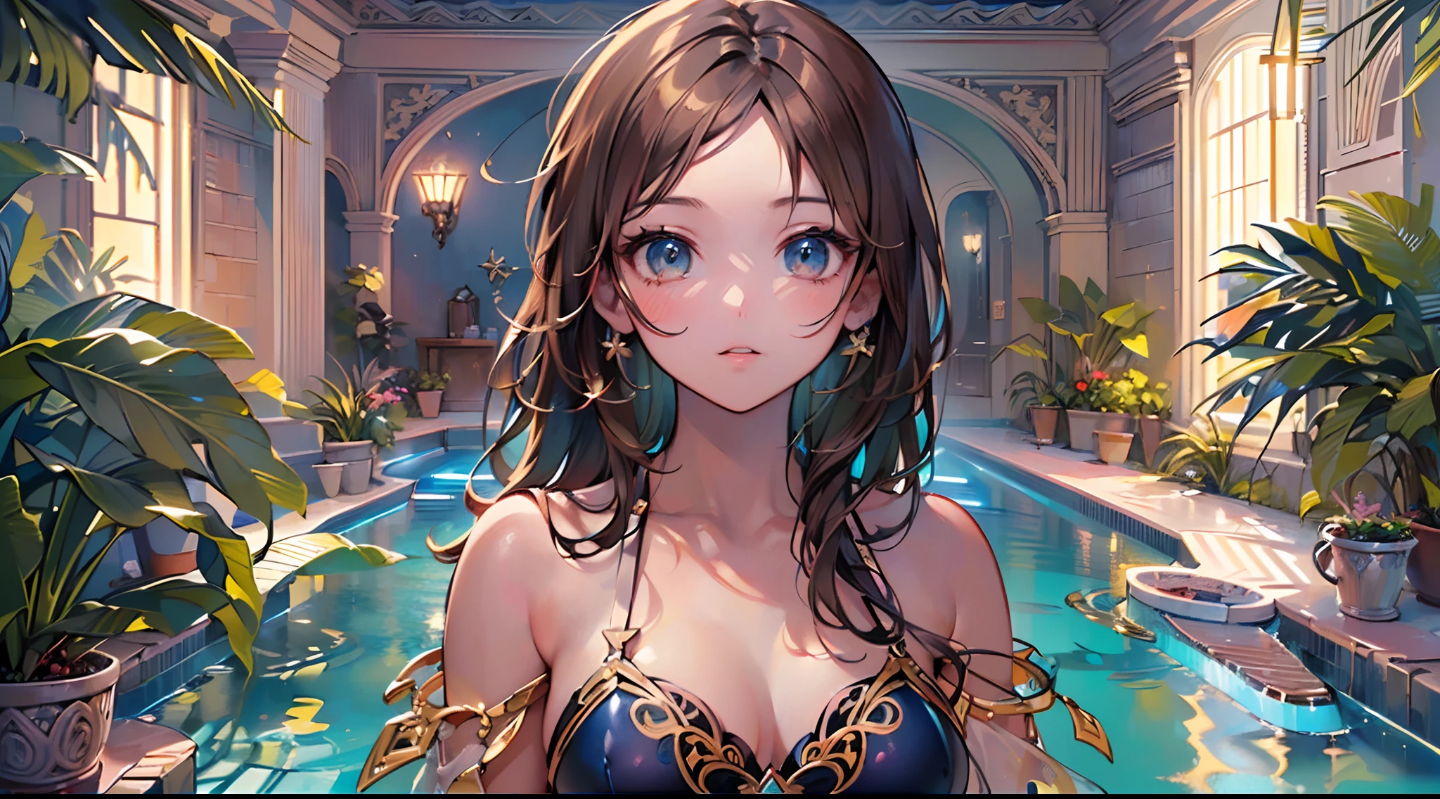 (Masterpiece, top quality, super detailed CG, ultra detailed beautiful face and eyes,super detailed, intricate details:1.2), 8k wallpapers, elaborate features, (1 person, solo:1.4)perfect cartoon illustration, (1 person, solo:1.4), 1 girl, night pool, swimwear, (full body illustration:1.5)