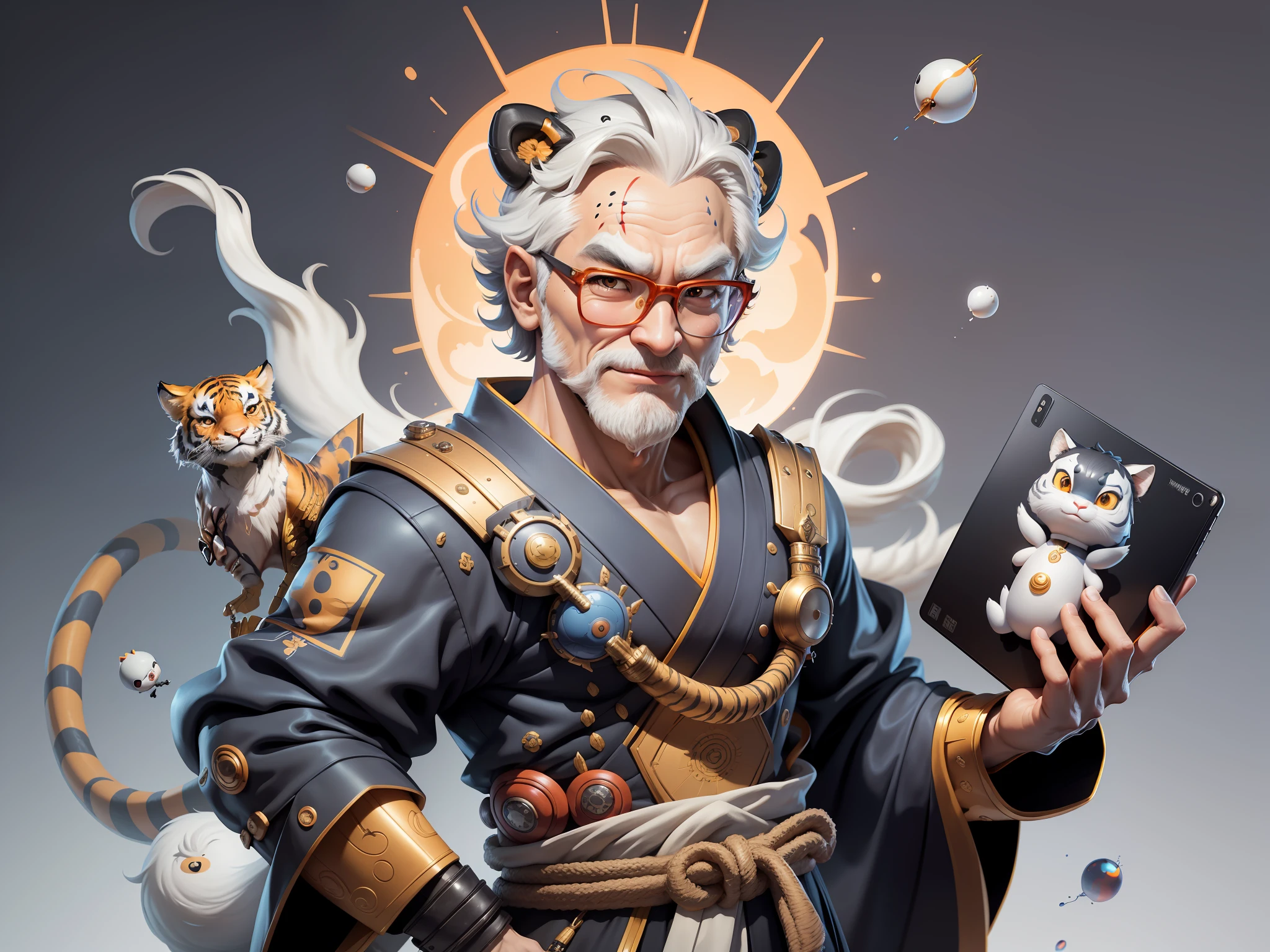 (Masterpiece), (Excellent), (Super Meticulous), (Full Body: 1.2), Super Young Man with Japanese Female Geisha, Pretty, Beautiful, Chinese Dragon, Tiger, Wind God Thor, Sexy, Bursting, Oriental Face, TV Anchor, Bust Portrait Illustration, Black Suit, Blue Tie, Slightly Chubby Face, Silver Glasses, Very Clean Face, No Beard on Chin, Black Super Short Hair, Black Eyes, Confident Smile, 3c Computer Sub-Products, iPad, iPhone, Digital Painting, 3D character design by Mark Clairedon and Pixar and Hayao Miyazaki and Akira Toriyama, the illustrations are HD illustrations in 4K resolution with highly detailed facial features and cartoon-style visuals.