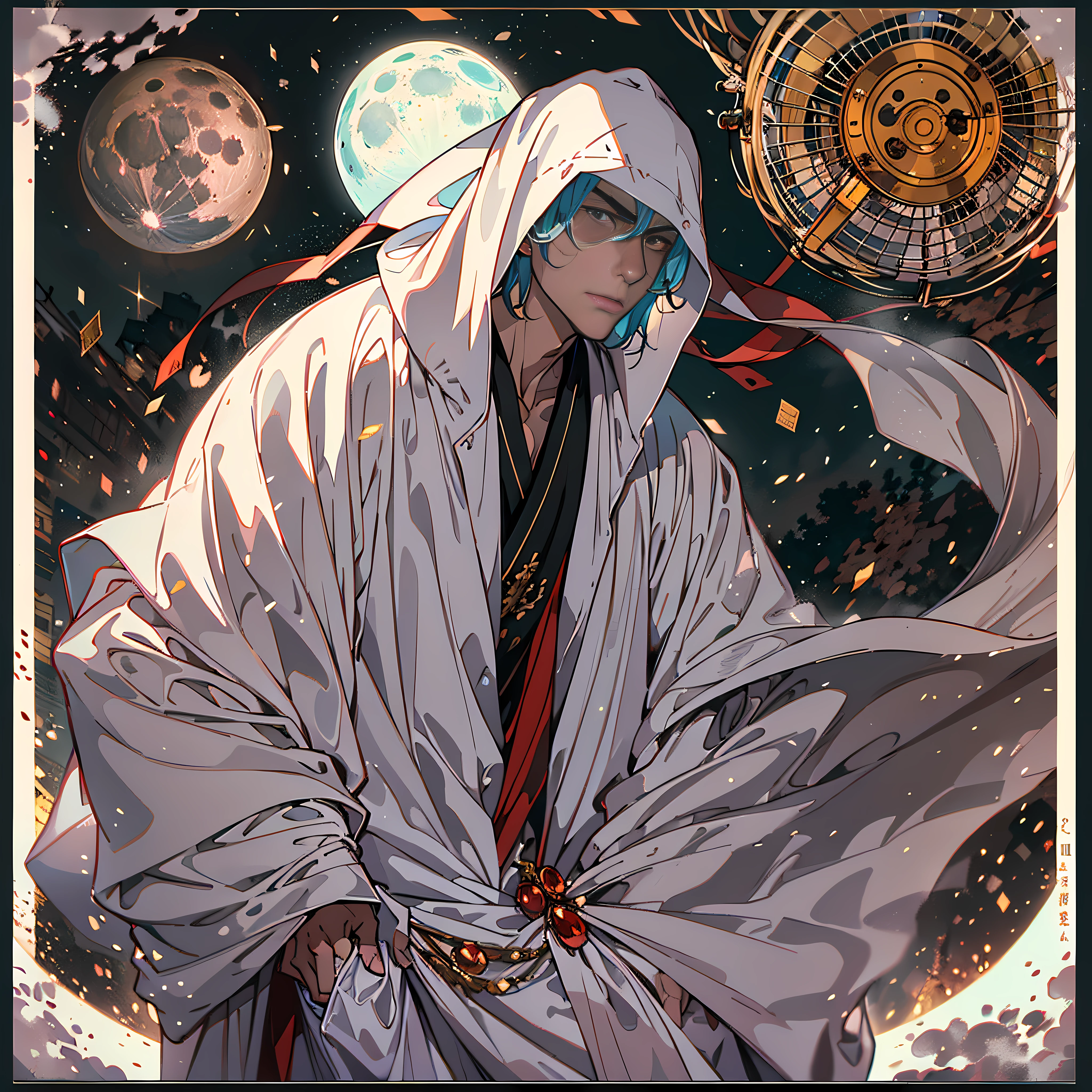 themoon， optic， fanciful，It was dark，storming，salama，The figure stands front-on，中景 the scene is，(A man in a white robe with a fan in his hand:1.3)，Can't see faces，Two red lights in his eyes，Magnificent，There is domineering between the eyebrows，Manhwa Style，