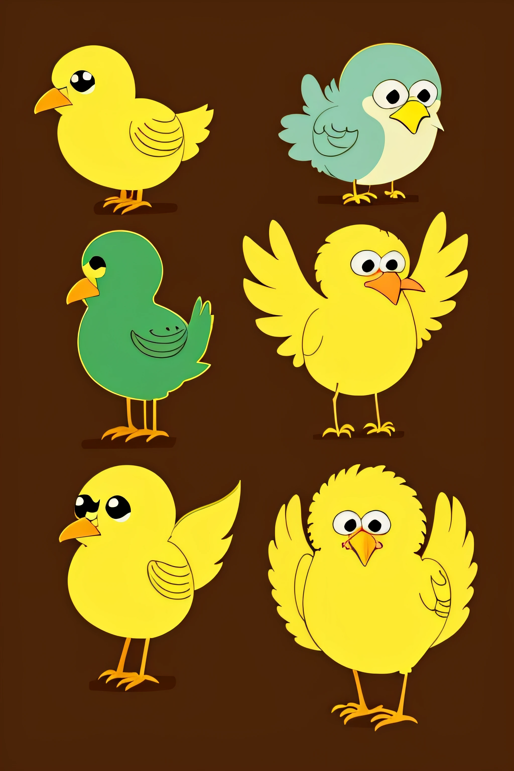 Avian animal morphology，(Hand drawn cartoon style)，(No shadow effect)，(best qualtiy)，Looks like a Sesame Street yellow bird，Q version image，Thin and tall，shaggy