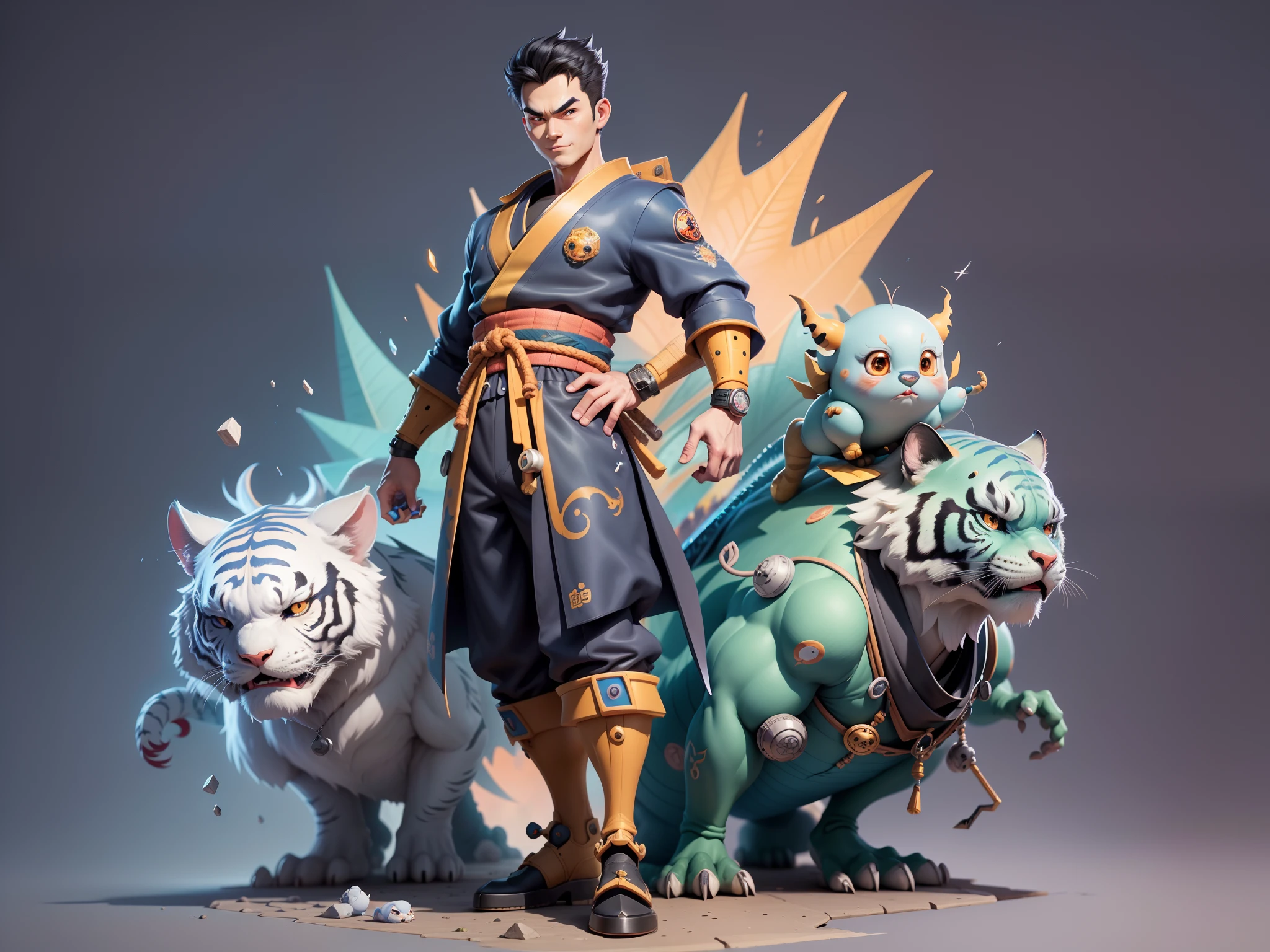(Masterpiece), (Excellent), (Super Meticulous), (Full Body: 1.2), Super Young Man, Oriental Face, Japanese Kimono, Japanese Wind Thunder God, Dragon, Tiger, TV Anchor, Bust Portrait Illustration, Alone, Black Suit, Blue Tie, Slightly Chubby Face, Very Clean Face, No Beard, Black Super Short Hair, Black Eyes, Confident Smile, 3c Computer Sub-Products, iPad, iPhone, Digital Painting, 3D Character Design by Akira Toriyama and Mark Claireden and Pixar and Hayao Miyazaki, The illustration is a high-definition illustration in 4K resolution with very detailed facial features and cartoon-style visuals.