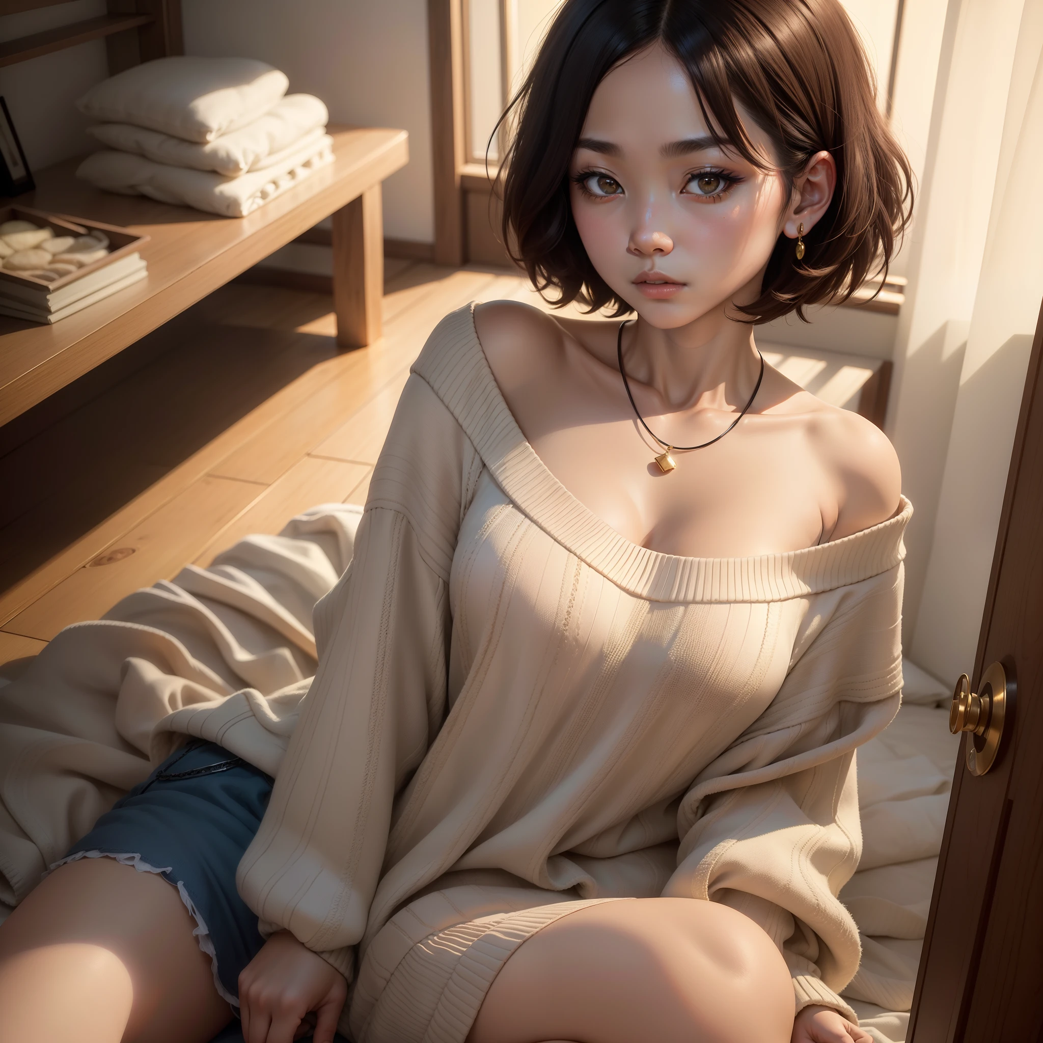 (Best quality, 8k, 32k, masterpiece, UHD: 1.2), photo beautiful japanese woman, room, very short Bob hair, upper body, facial focus, oversized_sweater, necklace, simple background, from above, looking at the viewer,