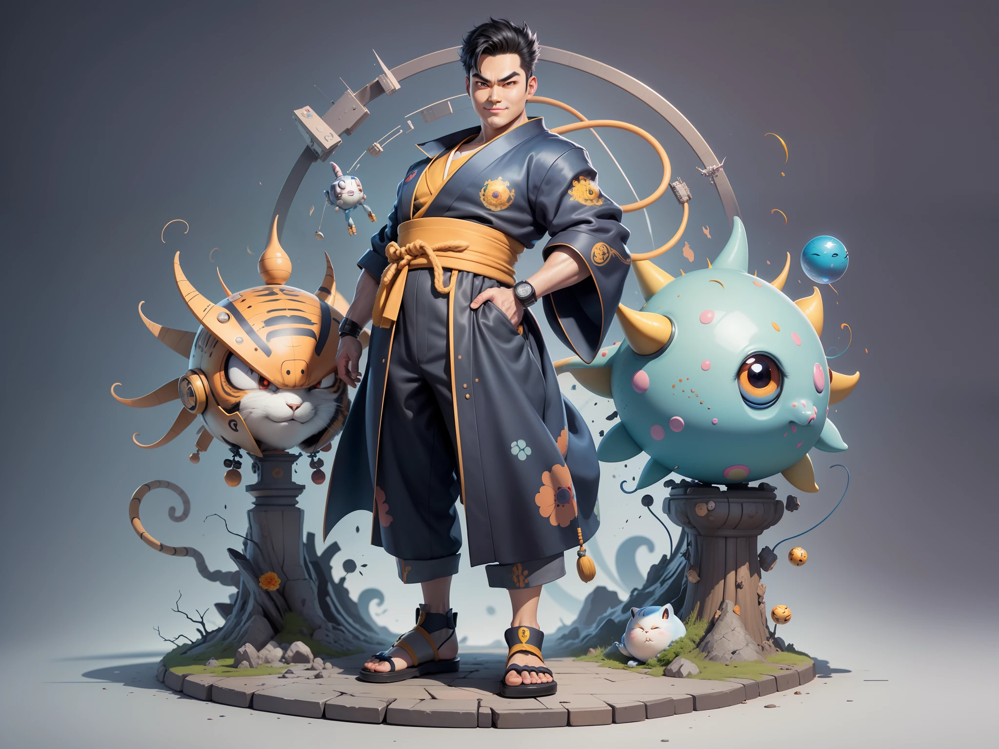 (Masterpiece), (Excellent), (Super Meticulous), (Full Body: 1.2), Super Young Man, Oriental Face, Japanese Kimono, Japanese Wind Thunder God, Dragon, Tiger, TV Anchor, Bust Portrait Illustration, Alone, Black Suit, Blue Tie, Slightly Chubby Face, Very Clean Face, No Beard, Black Super Short Hair, Black Eyes, Confident Smile, 3c Computer Sub-Products, iPad, iPhone, Digital Painting, 3D Character Design by Akira Toriyama and Mark Claireden and Pixar and Hayao Miyazaki, The illustration is a high-definition illustration in 4K resolution with very detailed facial features and cartoon-style visuals.