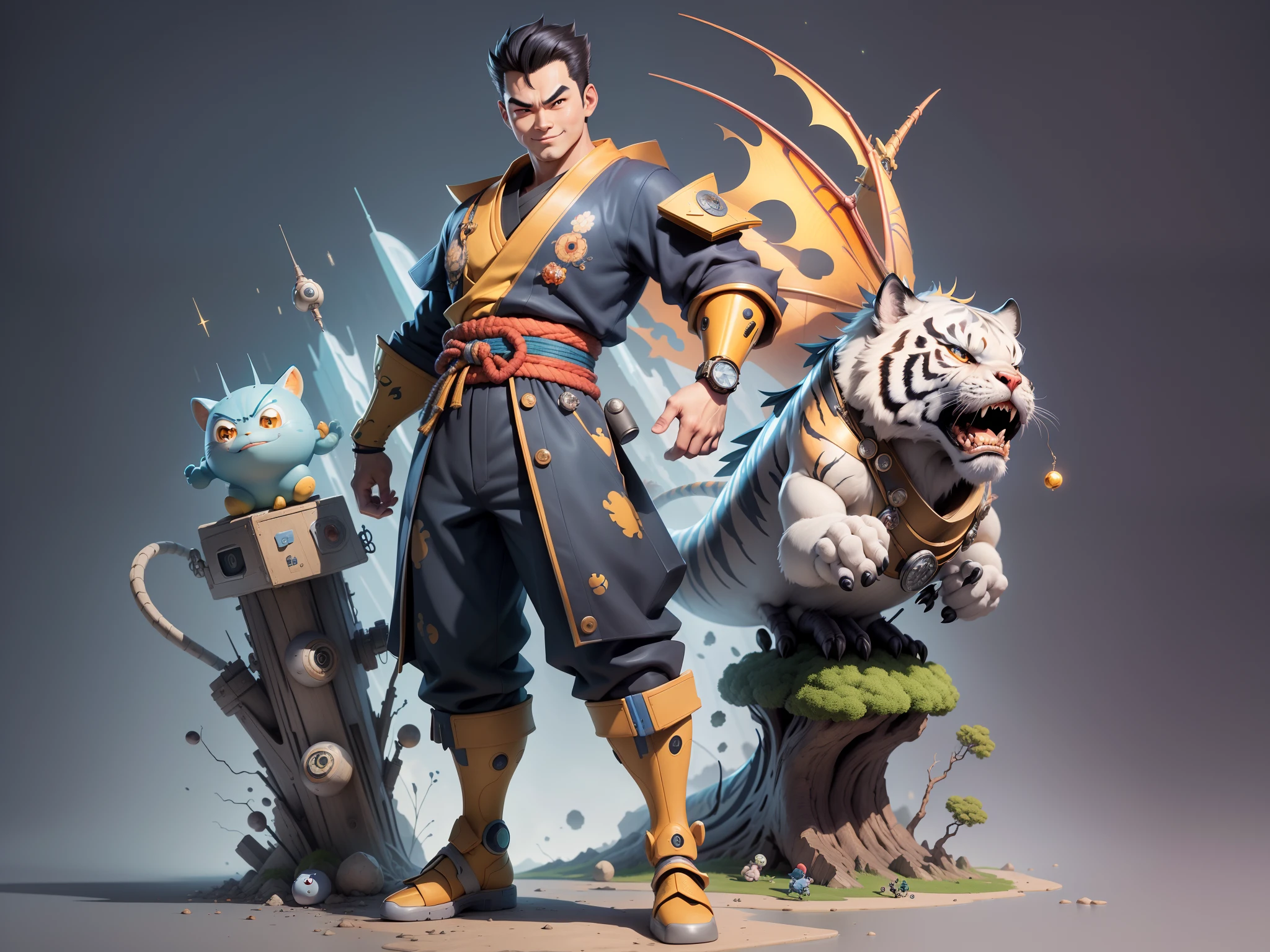(Masterpiece), (Excellent), (Super Meticulous), (Full Body: 1.2), Super Young Man, Oriental Face, Japanese Kimono, Japanese Wind Thunder God, Dragon, Tiger, TV Anchor, Bust Portrait Illustration, Alone, Black Suit, Blue Tie, Slightly Chubby Face, Very Clean Face, No Beard, Black Super Short Hair, Black Eyes, Confident Smile, 3c Computer Sub-Products, iPad, iPhone, Digital Painting, 3D Character Design by Akira Toriyama and Mark Claireden and Pixar and Hayao Miyazaki, The illustration is a high-definition illustration in 4K resolution with very detailed facial features and cartoon-style visuals.