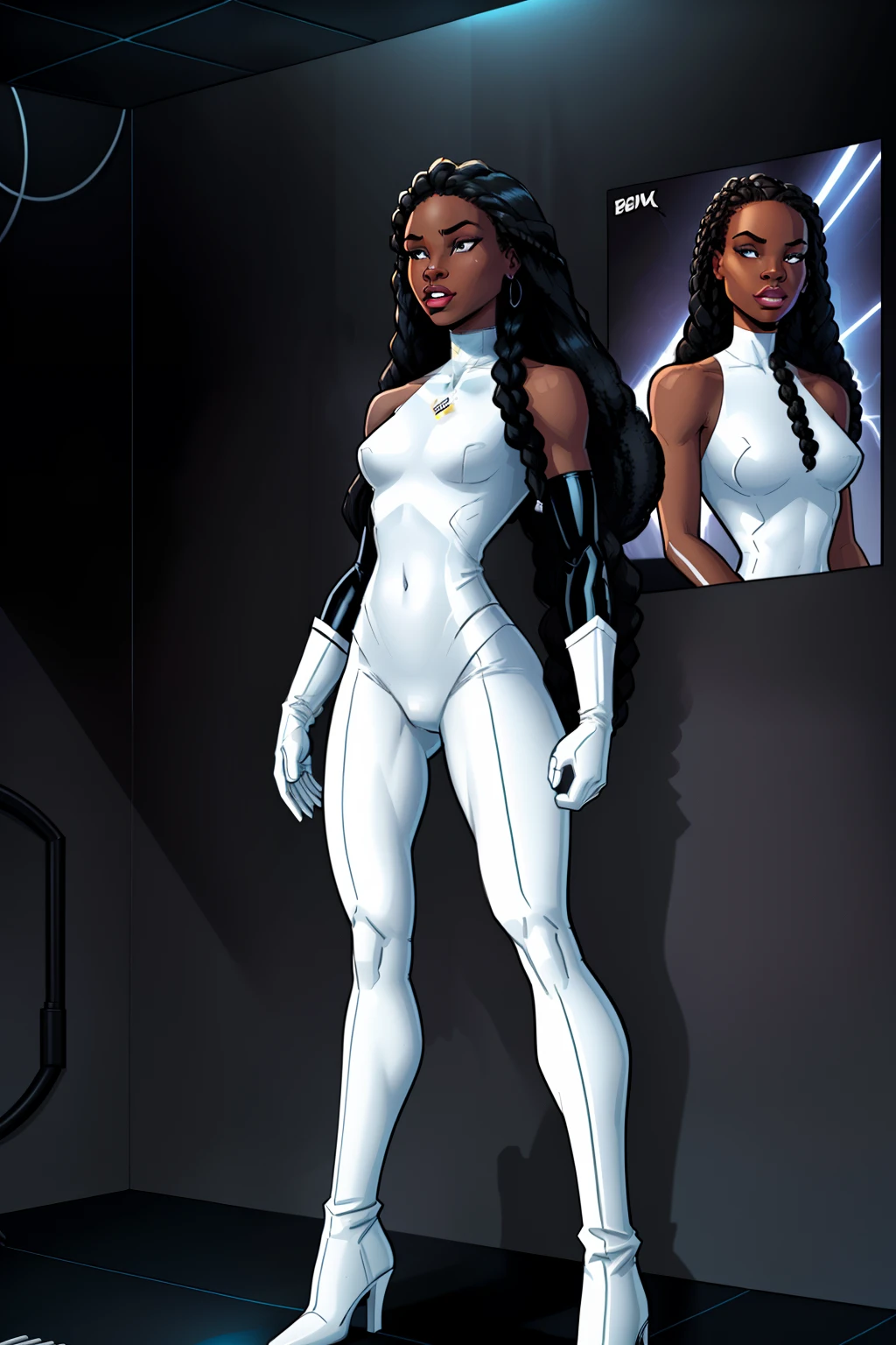 1girl, black woman, standing, inside a dark room, dark wall in background, detailed Cornrow Braids long hair, small tits, no expresions, wearing a white swim suit with high neck, white long gloves, long white leather boots, comic book style, flat shaded, prominent comic book outline linework