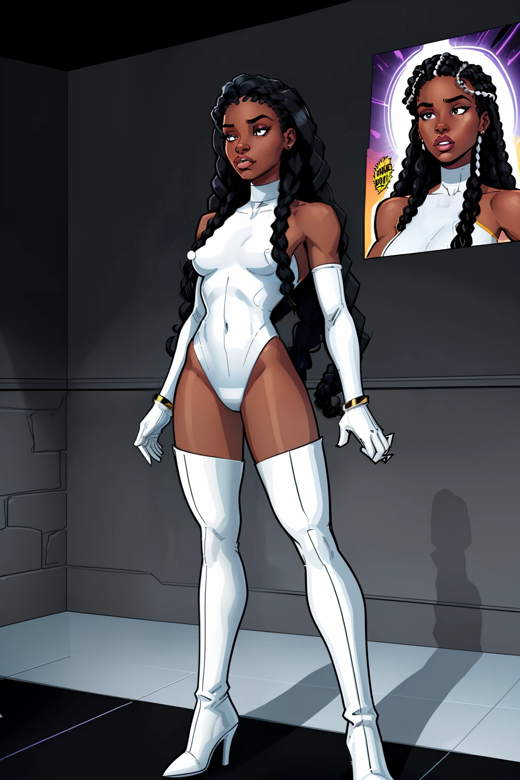 1girl, black woman, standing, inside a dark room, dark wall in background, detailed Cornrow Braids long hair, small tits, no expresions, wearing a white swim suit with high neck, white long gloves, long white leather boots, comic book style, flat shaded, prominent comic book outline linework