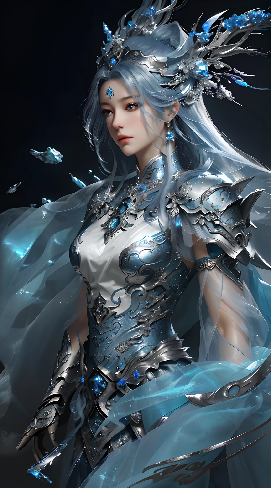 a close up of a woman in a silver and blue dress, chengwei pan on artstation, by Yang J, detailed fantasy art, stunning character art, fanart best artstation, epic exquisite character art, beautiful armor, extremely detailed artgerm, detailed digital anime art, artgerm on artstation pixiv, armor girl
