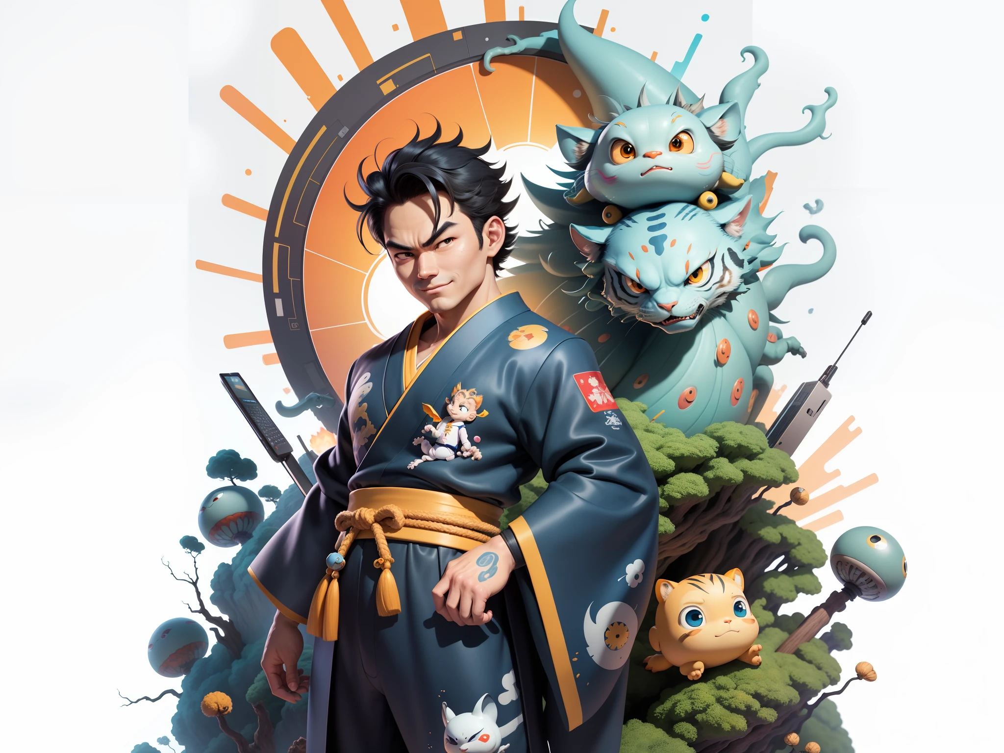 (Masterpiece), (Excellent), (Super Meticulous), (Full Body: 1.2), Super Young Man, Oriental Face, Japanese Kimono, Japanese Wind Thunder God, Dragon, Tiger, TV Anchor, Bust Portrait Illustration, Alone, Black Suit, Blue Tie, Slightly Chubby Face, Very Clean Face, No Beard, Black Super Short Hair, Black Eyes, Confident Smile, 3c Computer Sub-Products, iPad, iPhone, Digital Painting, 3D Character Design by Akira Toriyama and Mark Claireden and Pixar and Hayao Miyazaki, The illustration is a high-definition illustration in 4K resolution with very detailed facial features and cartoon-style visuals.