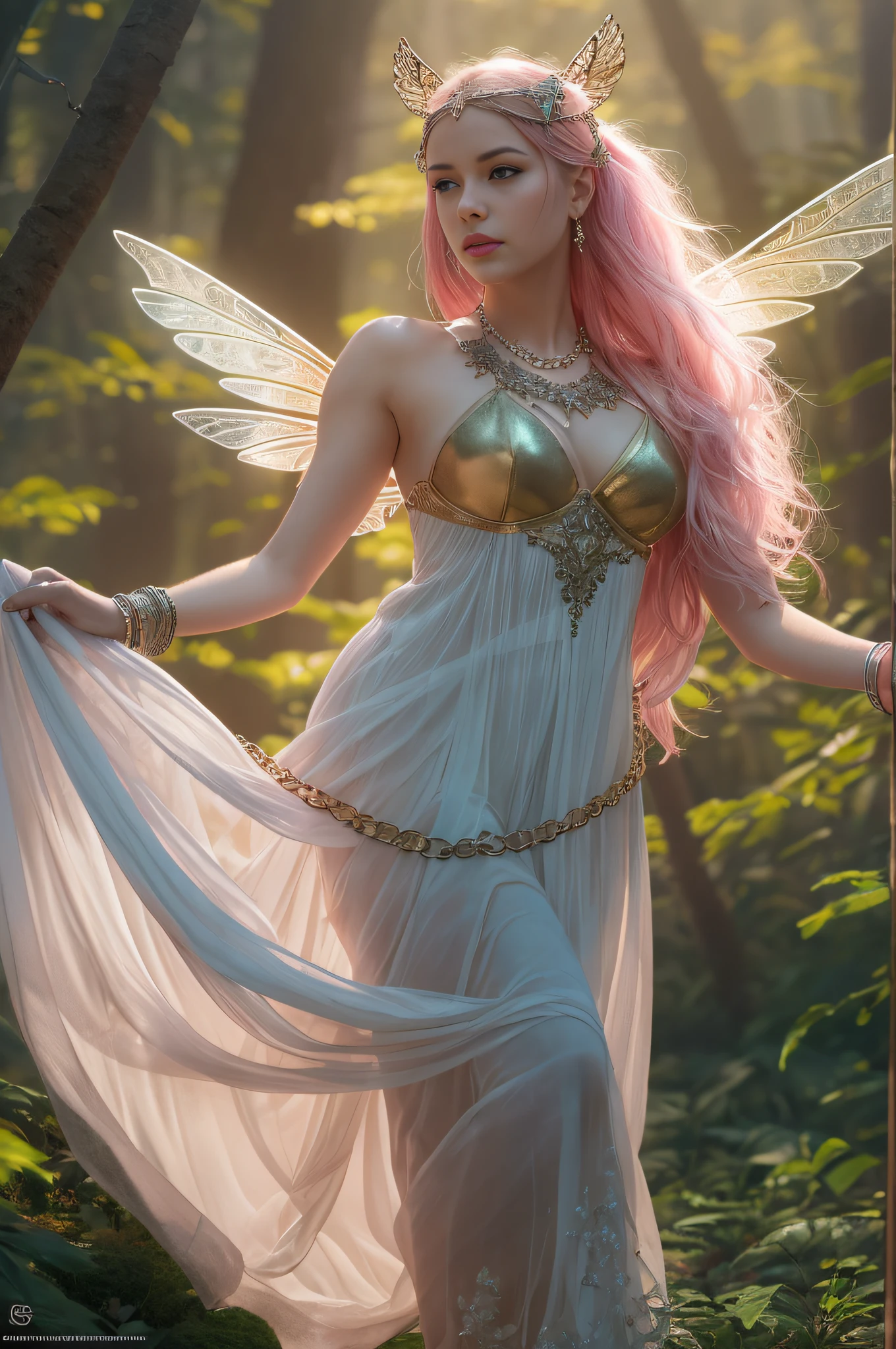 high quality full length portrait,  RAW photo of  european  fairy with iridescent wings, very pretty face, accurate face, detailed face, jeweled headband, small breasts, topless, long pink hair, hair blowing in the wind,  blue eyes, light makeup, golden sandals, floating, flying, hovering in the air, magic wand in hand, forest, daytime, filtered sunlight, glowing pale skin texture, detailed textures, sharp focus, coiled arm band, bracelets, neck chain, silver nail polish, ultra high pixel detail, cinematic, intricate, cinematic light, concept art, art station, realistic, movie scene, cinematic, high quality, craig mullins and wayne barlowe style, full colors, incredibly detailed, 4k, 8k, erotic, gothic,