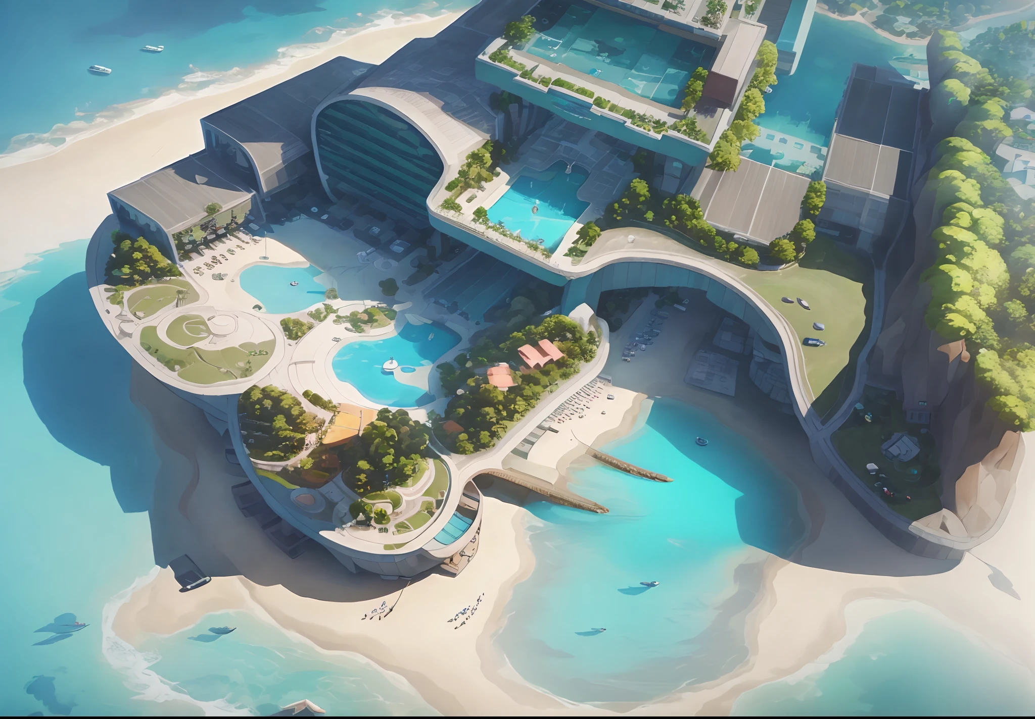 arafed view of a resort with a pool and lounge chairs, outdoors tropical cityscape, flat illustration, holiday resort, resort, isometric illustration, isometric aerial view, highly detailed illustration, detailed 2d illustration, isometric invironment, higher detailed illustration, isometric map, ultra detailed illustration, tropical coastal city, highly detailed illustration.”