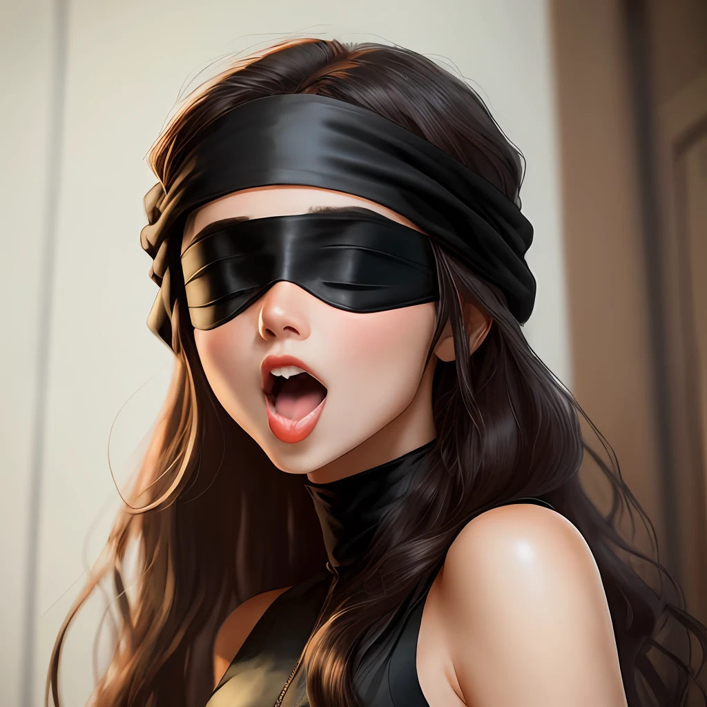 The beautiful black silk blindfolded and stuck out her tongue