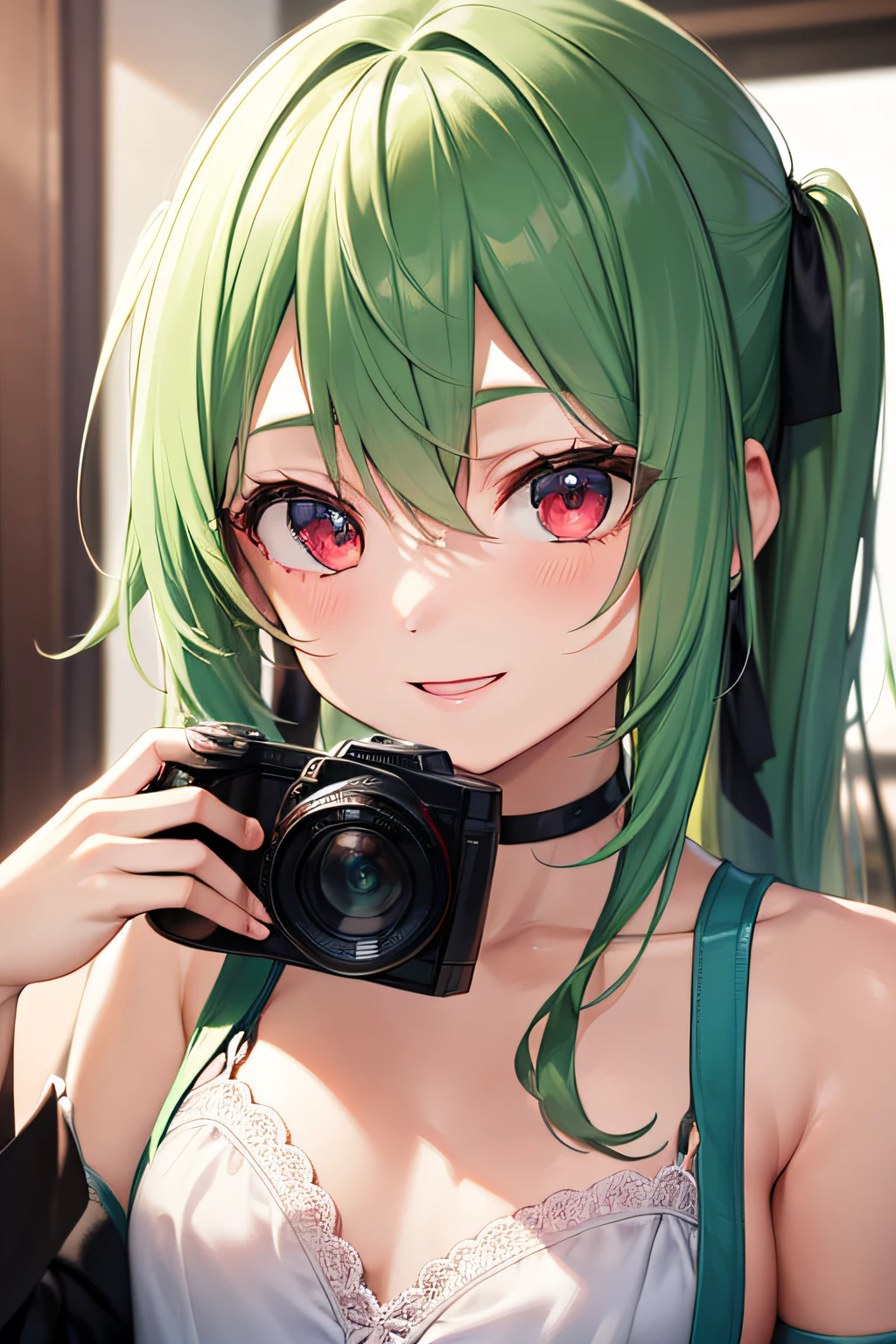 A beautiful girl, anime style girl, green hair, straight hair, long hair, twin tail, tied up with a ribbon, red eyes, (holding a camera), taking a video, smiling, happiness, (small breasts), 8k, super detail, masterpiece, high quality, high resolution, high detail, high face detail, HD quality