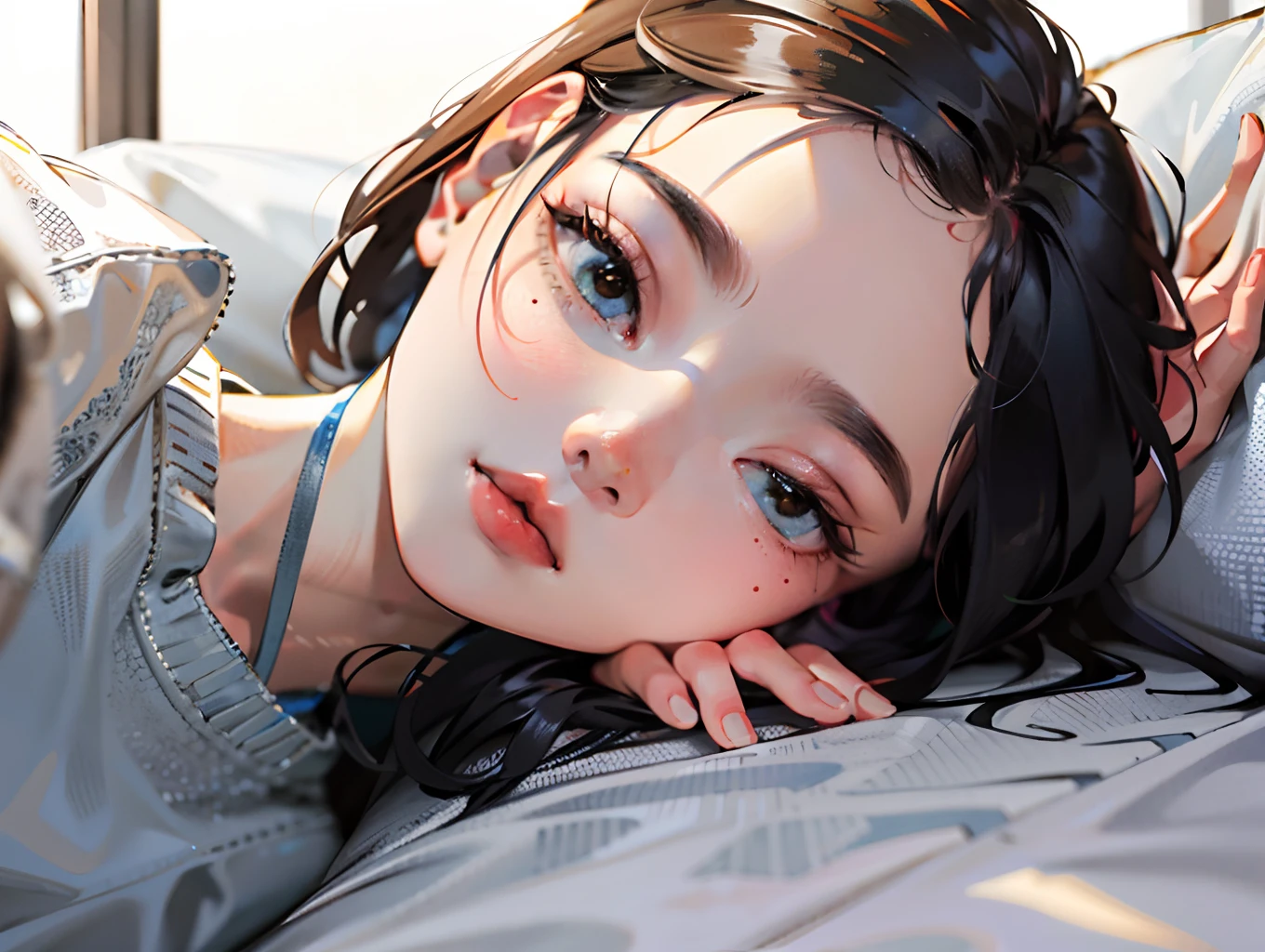 Boy White pantyhose Lying on bed Reddish face Cute face of child Frontal Looking at the audience Realistic Mouth slightly open Pretending to be a girl