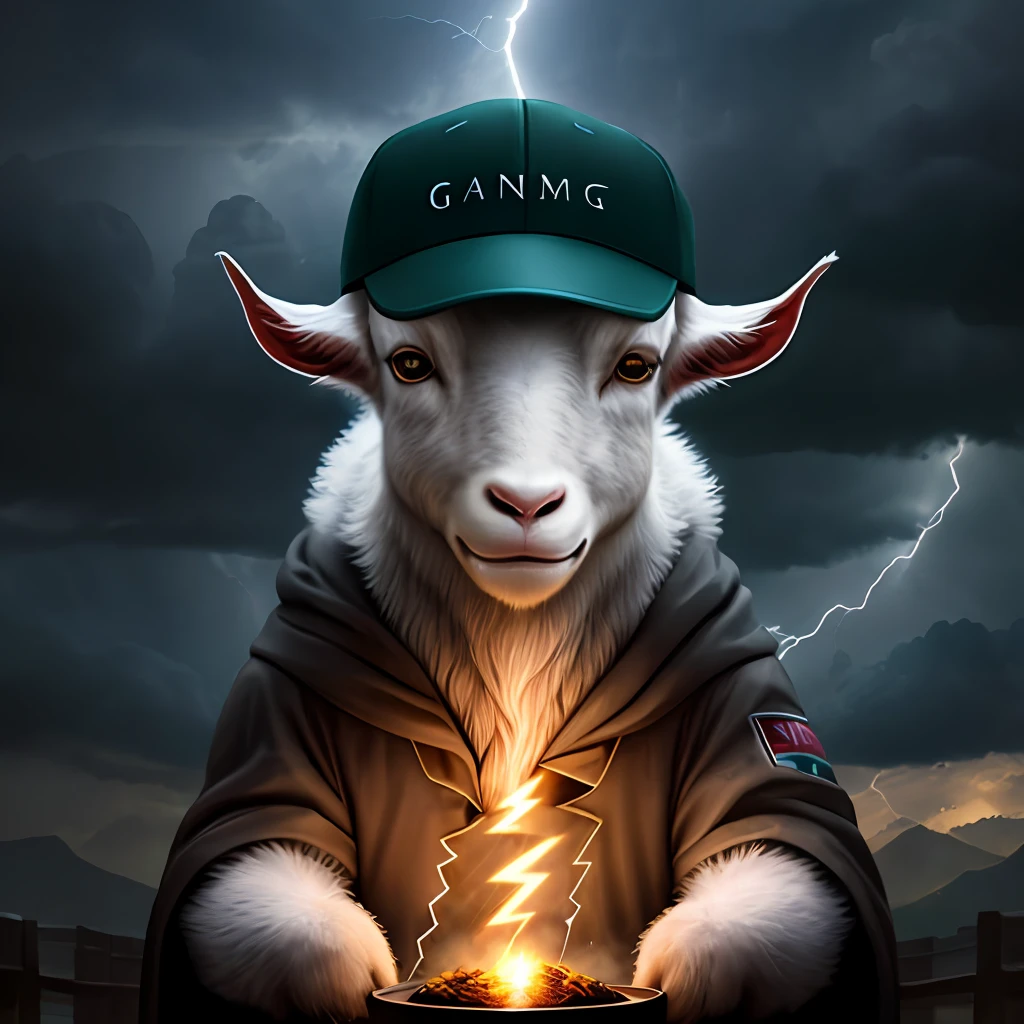 Lightning on a humanoid goat wearing a cap