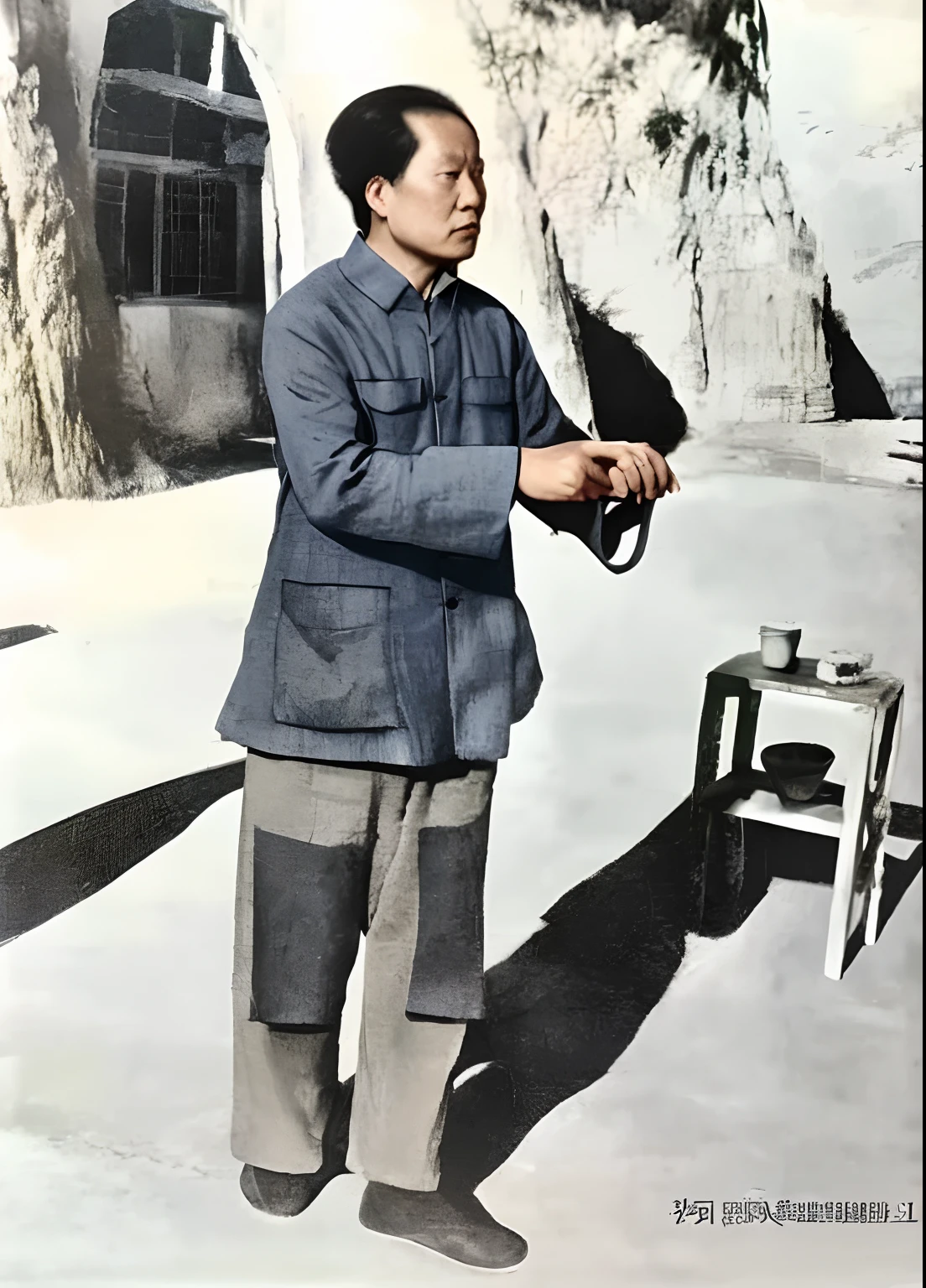 Wearing a blue cotton and linen top,40-year-old man,Wearing black cloth shoes inspired by Cao Zhibai, song nan li, inspired by Sheng Maoye, wang liang, qi sheng luo, inspired by Li Shan, inspired by Wang Zhongyu, xiaoguang sun, inspired by Zhang Shunzi, Inspired by Mao Zedong