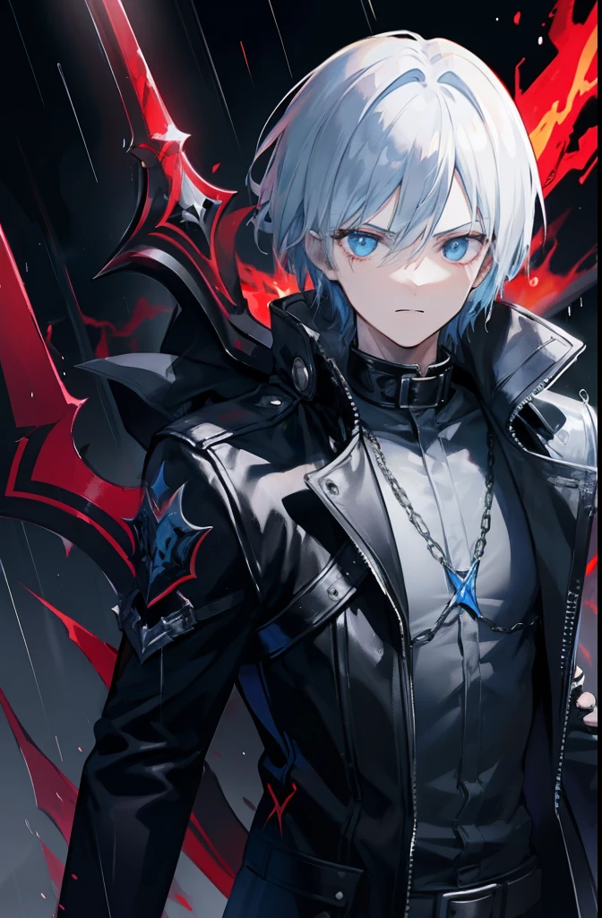 devil may cry, black jacket, mask, thunder background, raining background, glass background shatter, sword in hand, fire blue eye,