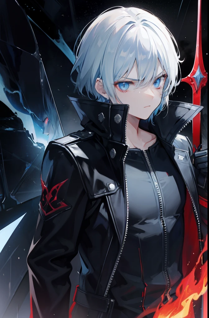 devil may cry, black jacket, mask, thunder background, raining background, glass background shatter, sword in hand, fire blue eye,