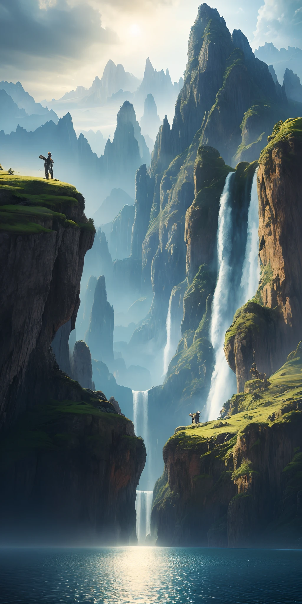 Masterpiece, best quality, high quality, extremely detailed CG unity 8k wallpaper, landscape, outdoor, sky, cloud, sky, no humans, mountain, landscape, water, tree, blue sky, waterfall, cliff, nature, lake, river , cloudy skies, award winning photography, bokeh, depth of field, HDR, bloom, chromatic aberration, photorealism, very detailed, trending on artstation, trending on CGsociety, intricate, high detail, dramatic, midjourney art
