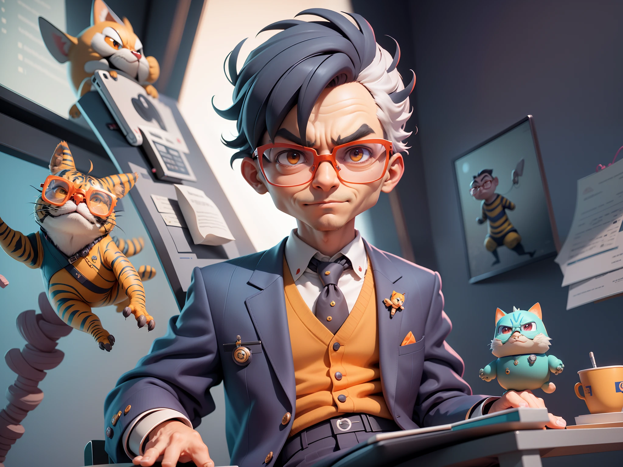 A young man in a suit, Short hair and glasses sat at his desk，holding laptop，digitial painting，tigre，3D character design by Mark Clairen and Pixar and Hayao Miyazaki and Akira Toriyama，4K HD illustration，Very detailed facial features and cartoon-style visuals。