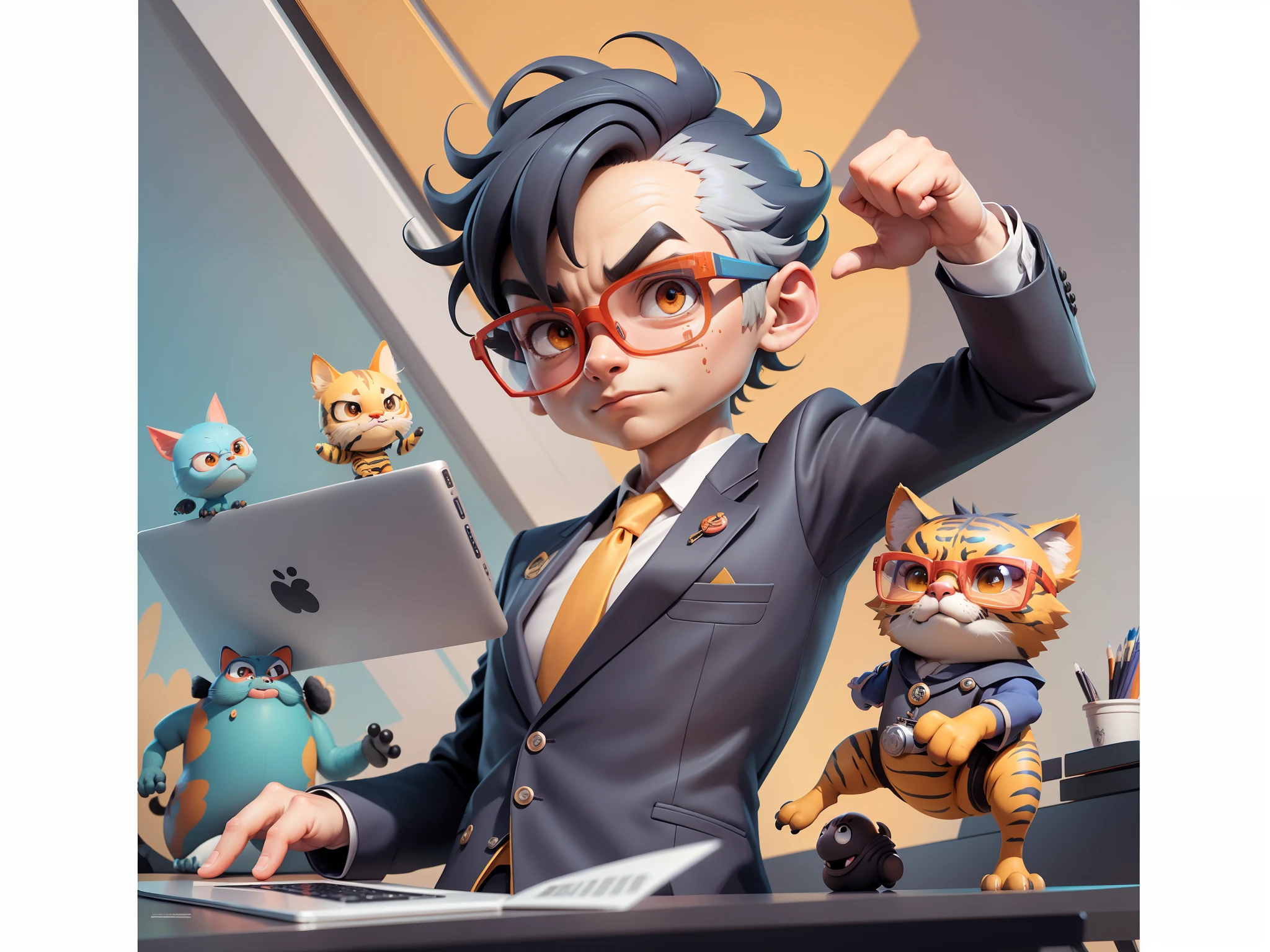 A young man in a suit, Short hair and glasses sat at his desk，holding laptop，digitial painting，tigre，3D character design by Mark Clairen and Pixar and Hayao Miyazaki and Akira Toriyama，4K HD illustration，Very detailed facial features and cartoon-style visuals。