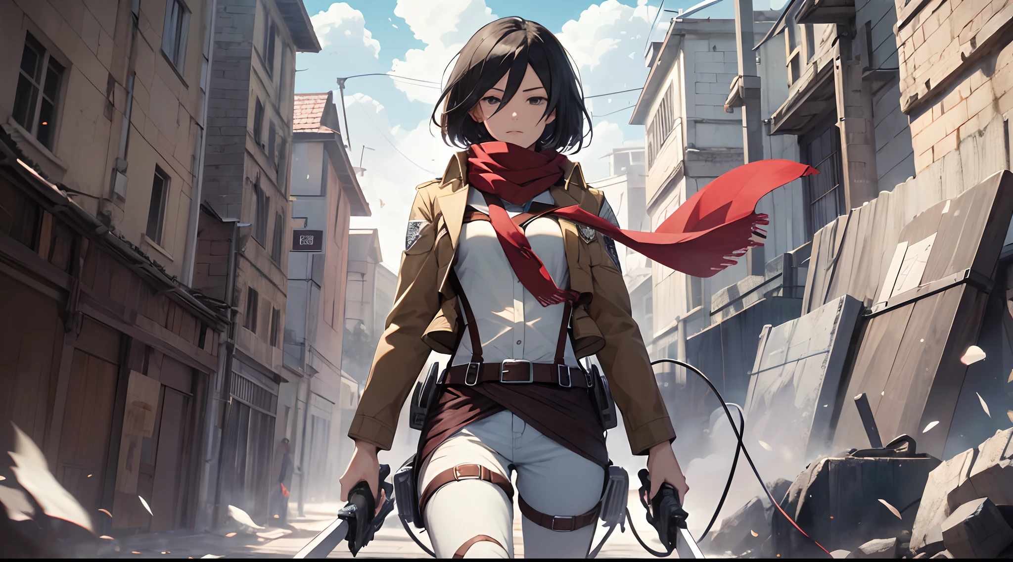 Mikasa, Masterpiece, Best quality, A high resolution, Short hair, Black eyes, Scarf, emblem, belt, thigh band, Red scarf, White pants, Brown jacket, Long sleeves, holding weapon, sword, dual wielding, Three-dimensional motorized gears, Arms spread wide, standing on one leg, Wide shot, sky, Highest quality, high resolution.