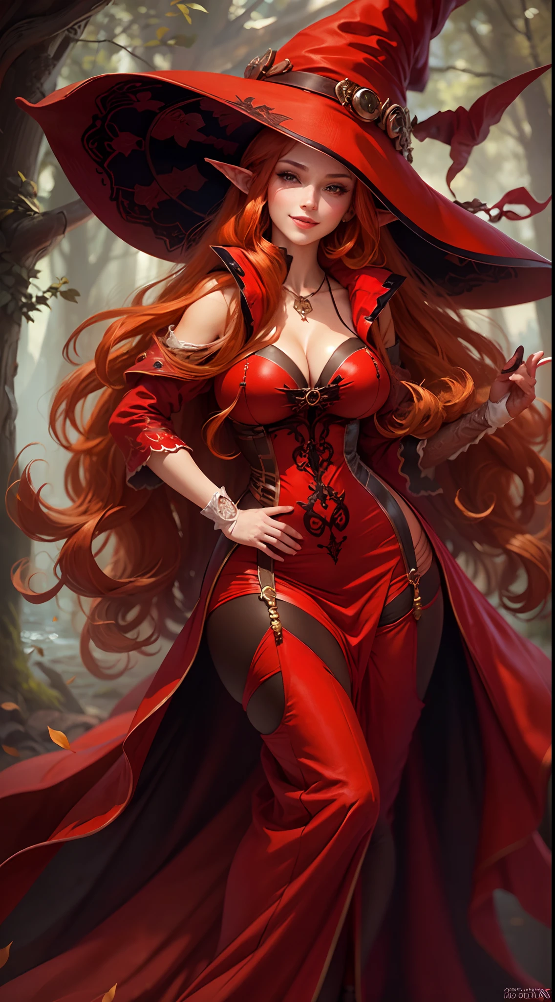 ((big breast, big hips)), beautiful female, long elf ears, redhead hair, long hairstyle, smiling expression, {red} {very big} witch hat, ({red} pelvic curtain dress), {red} long gloves, tight high wear with garter belt, perfect creation, perfect art, highly detailed, detailed art, masterpiece, perfect creation, perfect art,