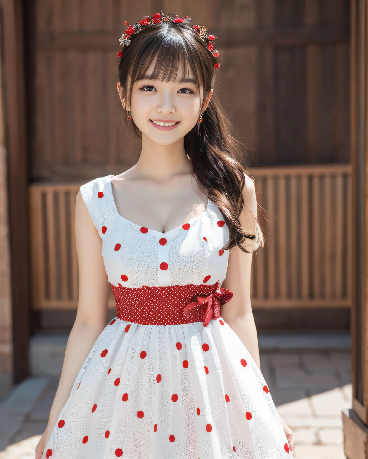 8k、(masterpiece)、top-quality、Ultra-realistic 8K、erfect artwork、White polka dot dress on red、cute smile face