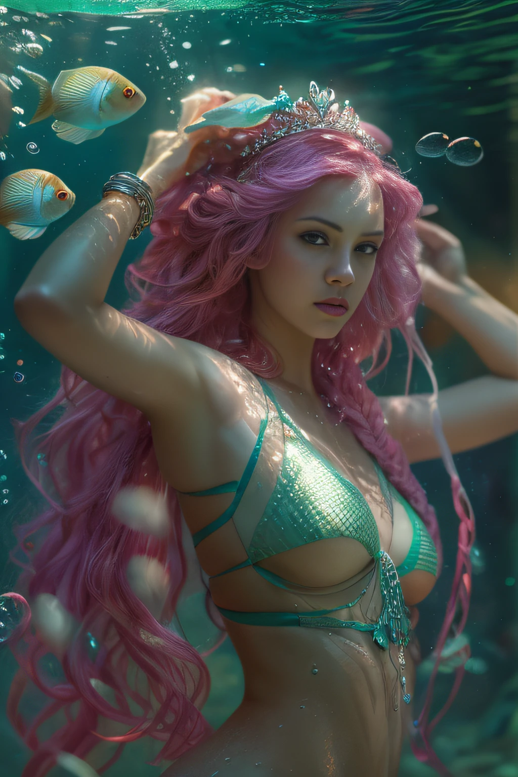 high quality full length portrait,  underwater RAW photo of a slim young woman mermaid swimming, wet hair, photorealistic, dramatic, beautiful face, highly detailed facial features, very pretty, perfect face, well formed facial features, smooth glowing pink skin, flowing pink hair,  mermaid tail with iridescent scales , small breasts, perfectly formed breasts, sea shell bra, iridescent make up, jewelled tiara, jewelry, underwater, fish, bubbles, filtered sunlight, strong light, perfect hands, realism, accurate hands, accurate face, symmetrical body, erotic, sensual,  detailed textures,  coiled arm band, bracelets, ultra high pixel detail, cinematic, intricate, cinematic light, concept art, art station, realistic, movie scene, cinematic, high quality, craig mullins and wayne barlowe style, full colors, incredibly detailed, 4k, 8k,