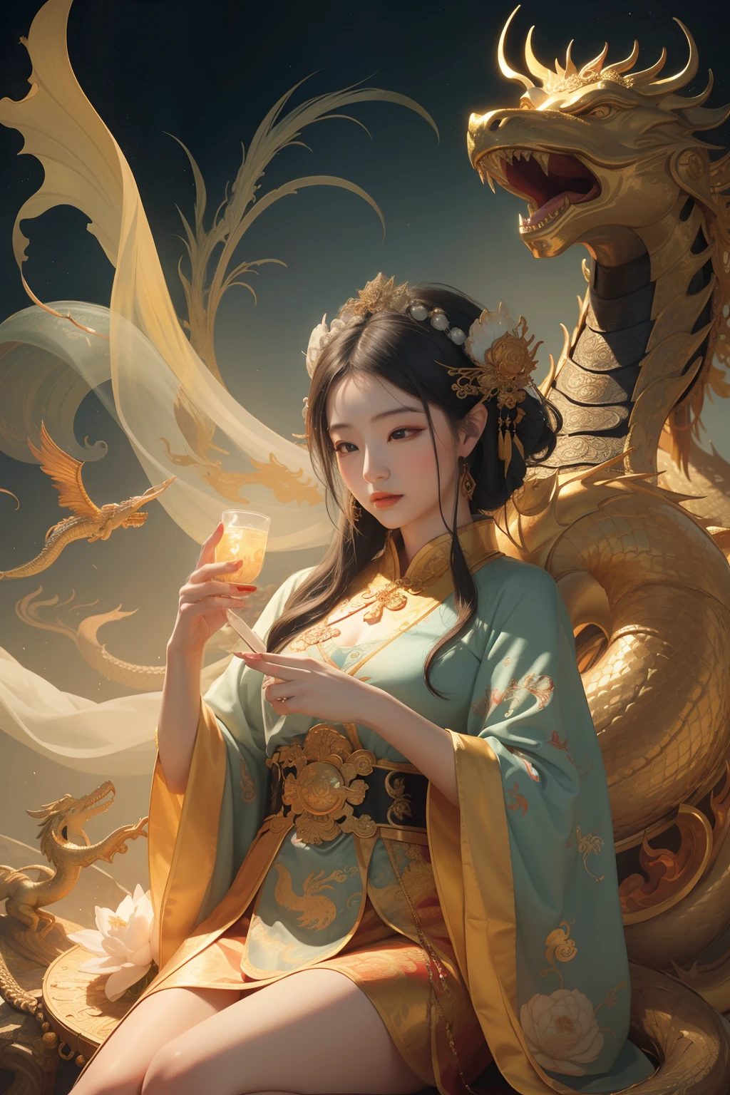 an ancient Chinese goddess, guanyin of the southern seas, Guanyin, Inspired by China, Avalokiteshvara rides a dragon,,Serene expression,shui mo hua,Buddha,Buddhist,Lotus,Chinese painting style,Thangka style
