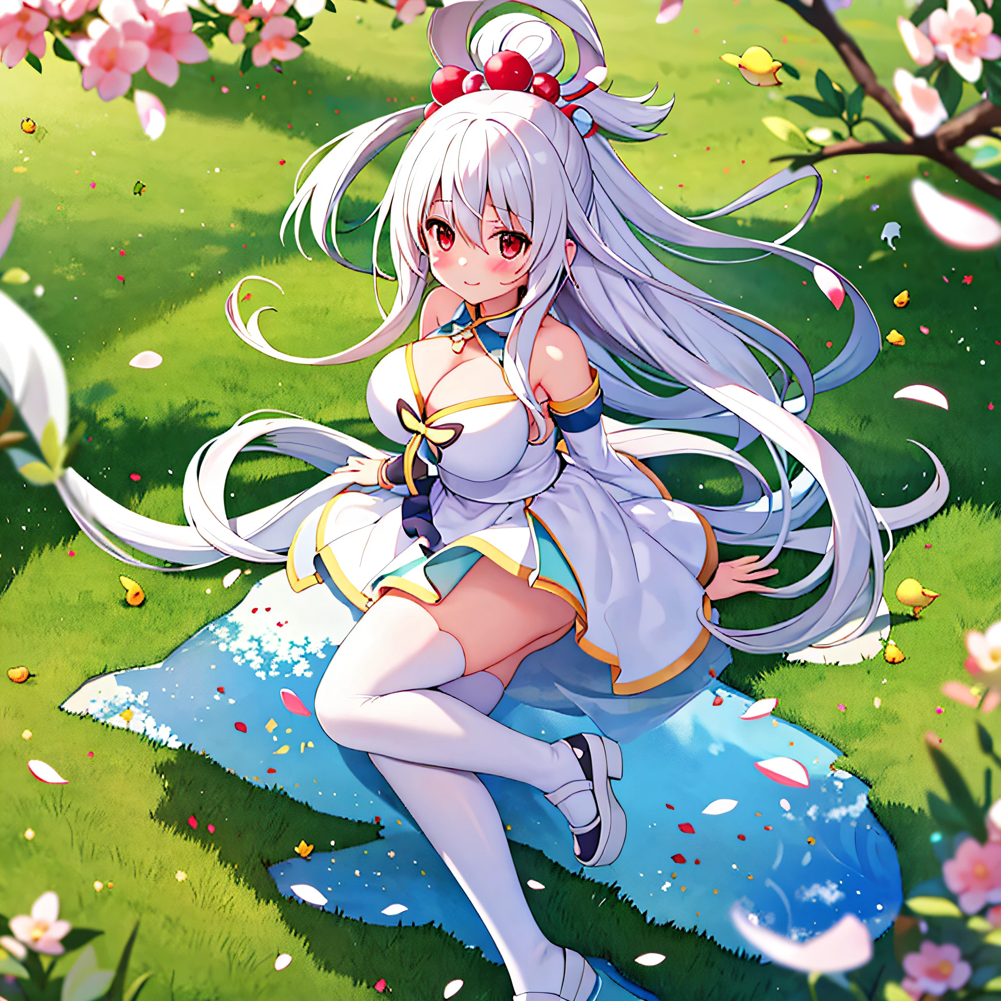 （Higher image quality），（tmasterpiece），（Detailed description of the eyes），（A detailed description of the face），1girll_Aromatic_konosuba，Red eyes，White hair，（long whitr hair），long whitr hair（Float in the wind），hair adornments，white dresses，Large breasts，naked leg，white legwear，leather shoes，There are arms and hands behind the back，Blushlush，Fluttering grass，（springtime，SakuraNS），petals，（Lens reflections），altocumulus，Dazzling light， Cool breeze，[the cherry trees]'s（shadowing），grassy fields，（The grass is growing，Birds are flying），（Lake，surface reflection）