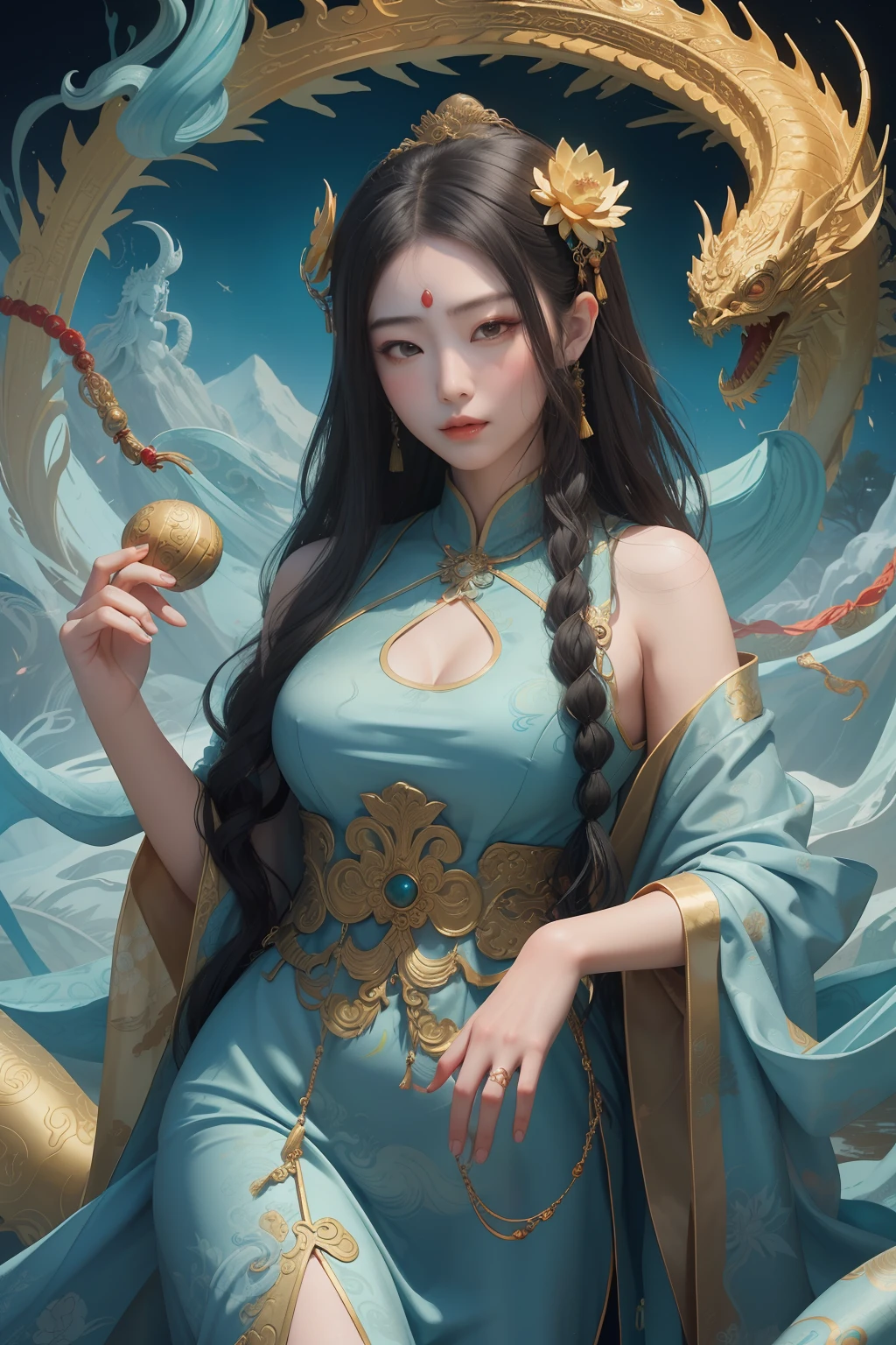 an ancient Chinese goddess, guanyin of the southern seas, Guanyin, Inspired by China, Avalokiteshvara rides a dragon,,Serene expression,shui mo hua,Buddha,Buddhist,Lotus,Chinese painting style,Thangka style