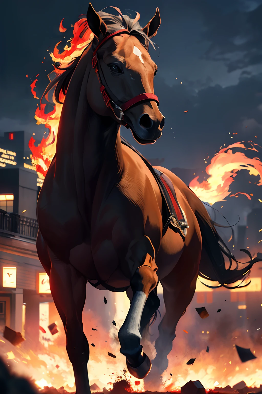 a running horse on fire,(redfire:1.3), good hand,4k, high-res, masterpiece, best quality, head:1.3,((Hasselblad photography)), sharp focus, (cinematic lighting), collarbone, night, soft lighting, dynamic angle, [:(detailed face:1.2):0.2], outside, city,monochrome background,