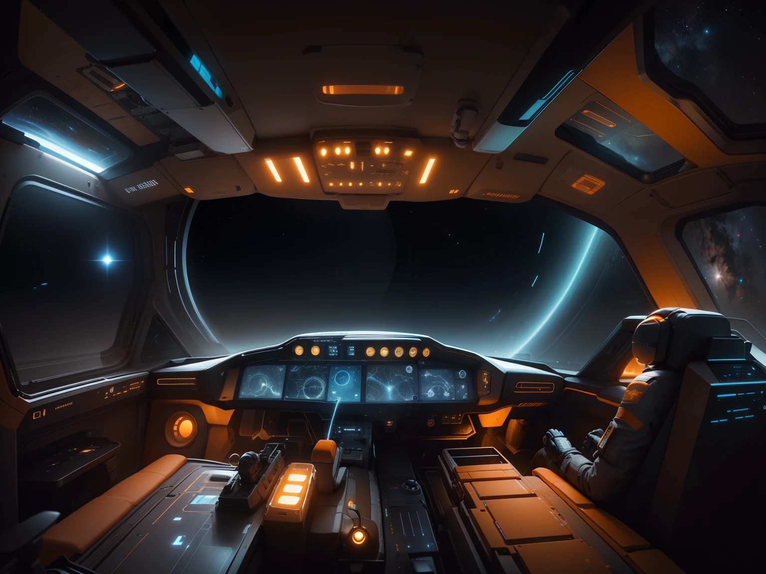 An cylindrical interstellar space transport, cylindrical interior symmetrical, many very large forward oval windows, cockpit of a year 2150 interstellar space transport, steer by yoke and joystick, bio orange blue-gray, forward orange (two command seats) not blocking the views forward, command consoles bio-lights, switches, levers, 8k resolution, bioluminescent, accurate detailed photorealistic, blue orange yellow dirty white color scheme, stars planets blackness of interstellar space, looking out to the stars and distant planets