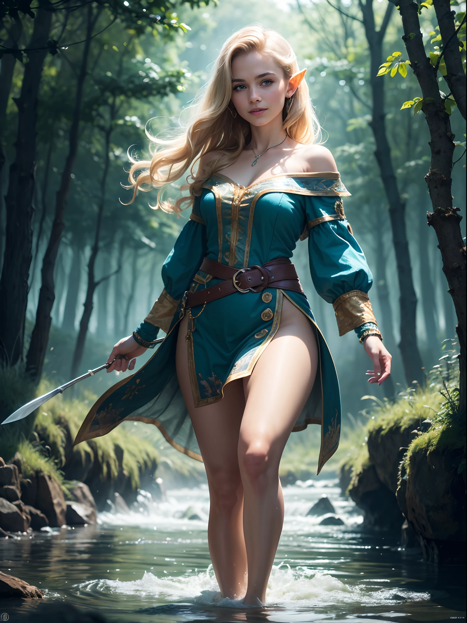 ((Masterpiece)), (high resolution:1.4), (standing:1.4), (dynamic pose:1.2), (on a river:1.2), blue tunic, beautifull elf woman, blonde hair, blue water eyes, pale skin, in the middle of the forest, at night, invoking, magic throught her hands, LightningMagicAI,  beautifull smile, beautiful face, highly detailed skin, skin pores,(highly detailed face:1.1), (highly detailed eyes:1.1), realistic pupils, full face blush, full lips, (perfect anatomy:1.1), (perfect proportions:1.1), (photography:1.1), (photorealistic:1.1), volumetric lighting, dynamic lighting, real shadows, (highres:1.1), sharp focus, rembrandt lighting, (realistic, hyperrealistic:1.4), intricate, high detail, dramatic, subsurface scattering, big depth of field, vivid, polished, sharpened, ((full Sharp)), (extremely absurdres),16k hdr,