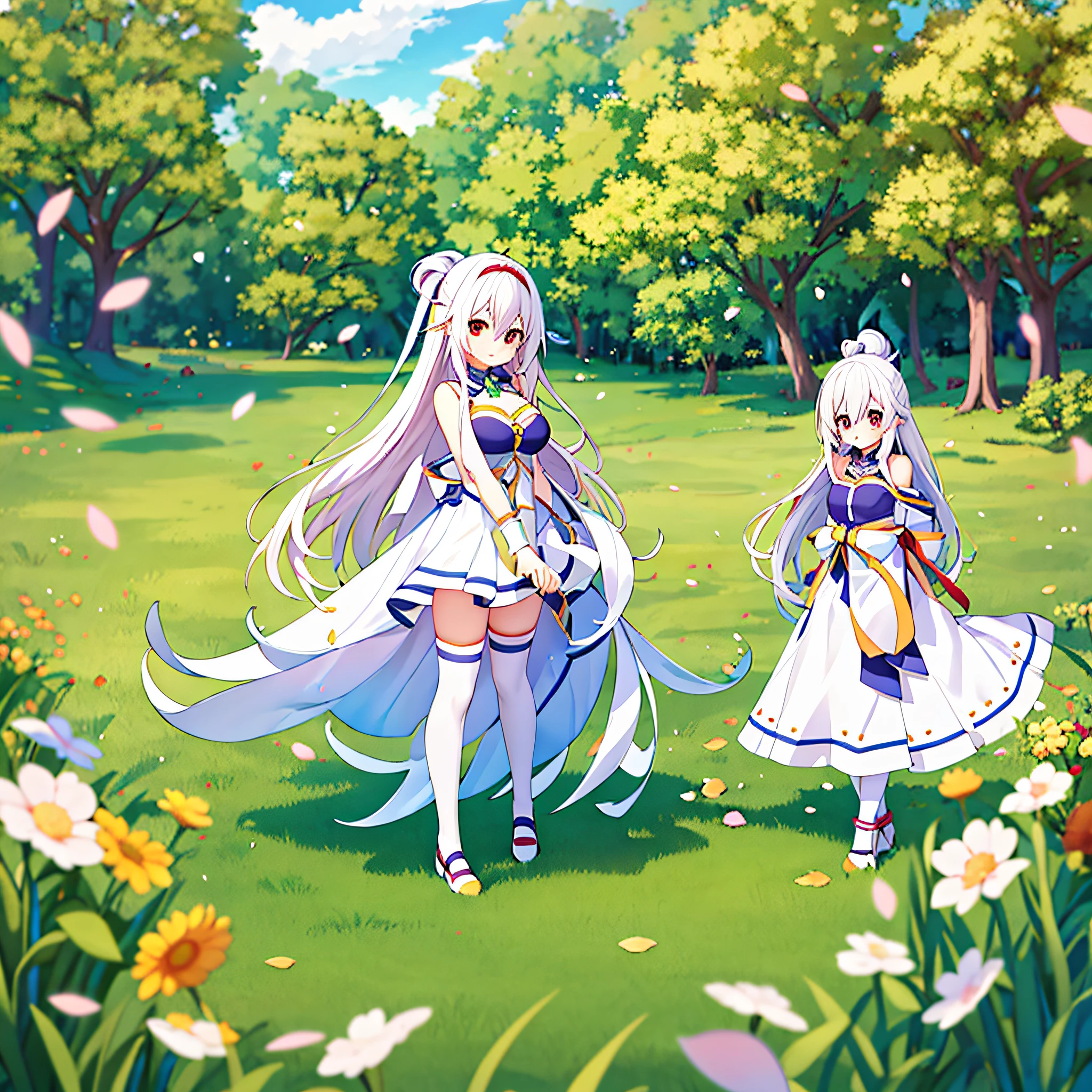 （Higher image quality），（tmasterpiece），（Detailed description of the eyes），（A detailed description of the face），1girll_Aromatic_konosuba，Red eyes，White hair，（long whitr hair），long whitr hair（Float in the wind），hair adornments，white dresses，Large breasts，naked leg，white legwear，leather shoes，There are arms and hands behind the back，Blushlush，Fluttering grass，（springtime，SakuraNS），petals，（Lens reflections），altocumulus，Dazzling light， Cool breeze，[the cherry trees]'s（shadowing），grassy fields，（The grass is growing，Birds are flying），（Lake，surface reflection）
