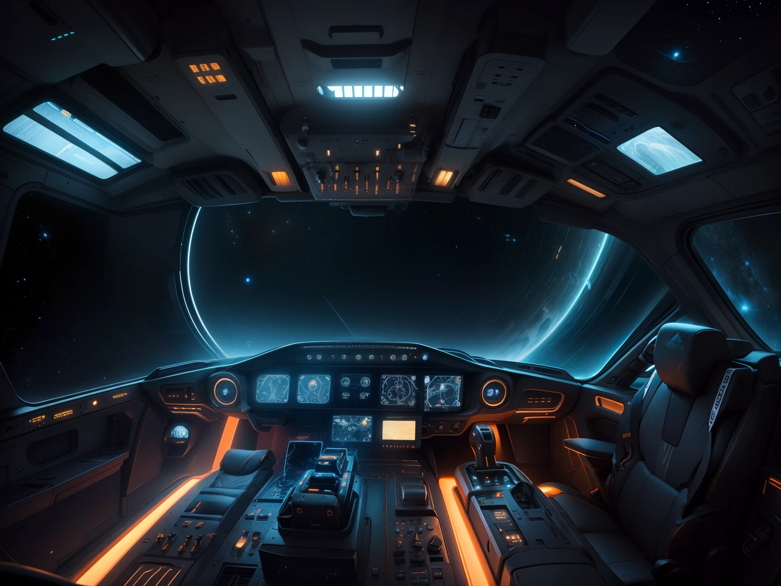 interior cockpit of a 2150 interstellar space transport, steer by joystick, command consoles bio-lights, switches, levers, 8k resolution, bioluminescent, accurate detailed photorealistic, blue orange yellow dirty white color scheme, stars planets blackness of interstellar space, looking out to the stars and distant planets, no car interior elements or features.