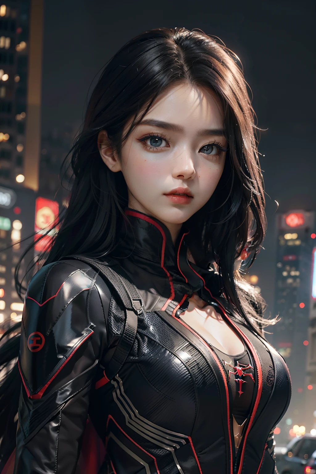 (CG Unity 8K wallpaper in extreme detail，tmasterpiece，Highest image quality)，(Delicate light and shadow，The picture is highly dramatic，film and television shots)，Neon lights，High-rise rooftops，Blue and black spider suit，Spider pattern，Complex textures，Raised sexy，Asia face，Female Spider-Man，Vest line，super detailing，Large eyes and double eyelids，Female Chinese face，black long straight hair，Super beauty，Sweet girl，Super beautiful