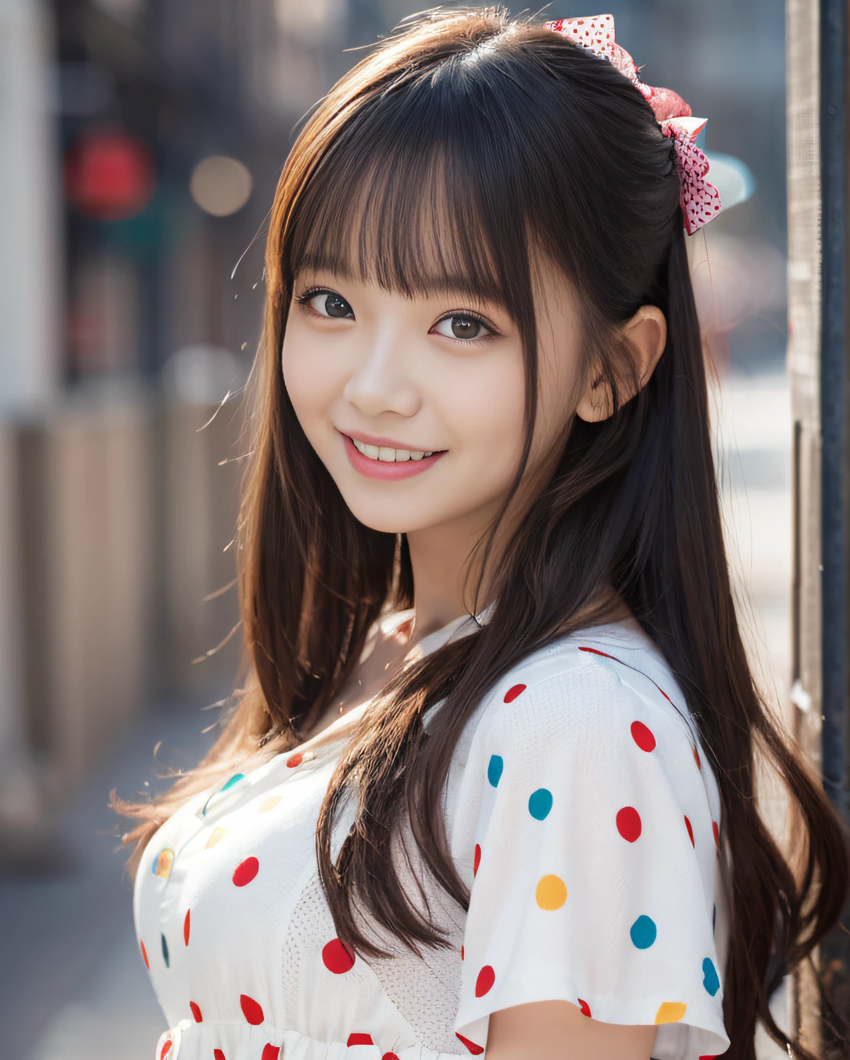8k、(masterpiece)、top-quality、Ultra-realistic 8K、erfect artwork、White polka dot dress on red、cute smile face