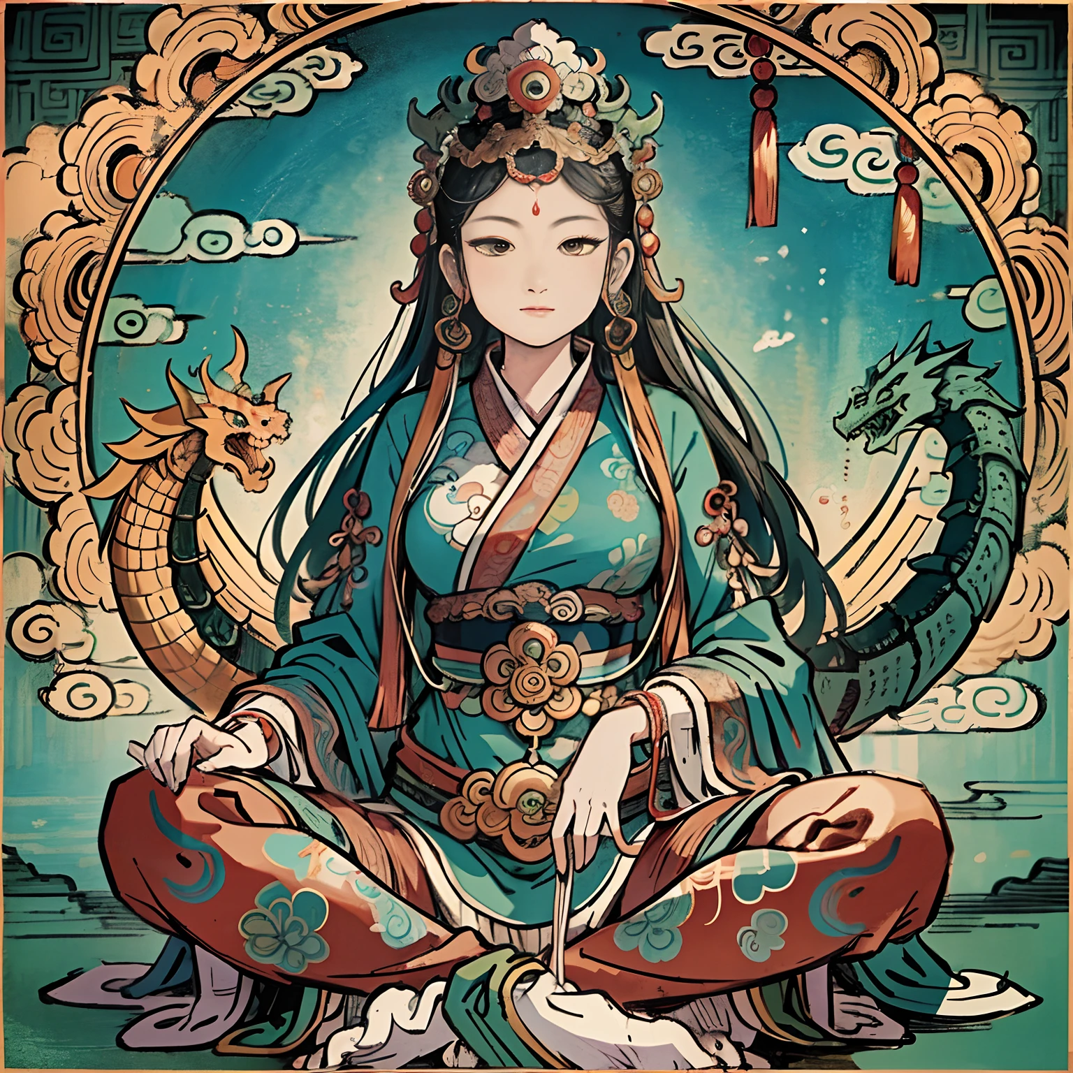 an ancient Chinese goddess, guanyin of the southern seas, Guanyin, Inspired by India, Avalokiteshvara rides a dragon，,Serene expression,shui mo hua,Buddha,Buddhist,Lotus,Chinese painting style,Thangka style