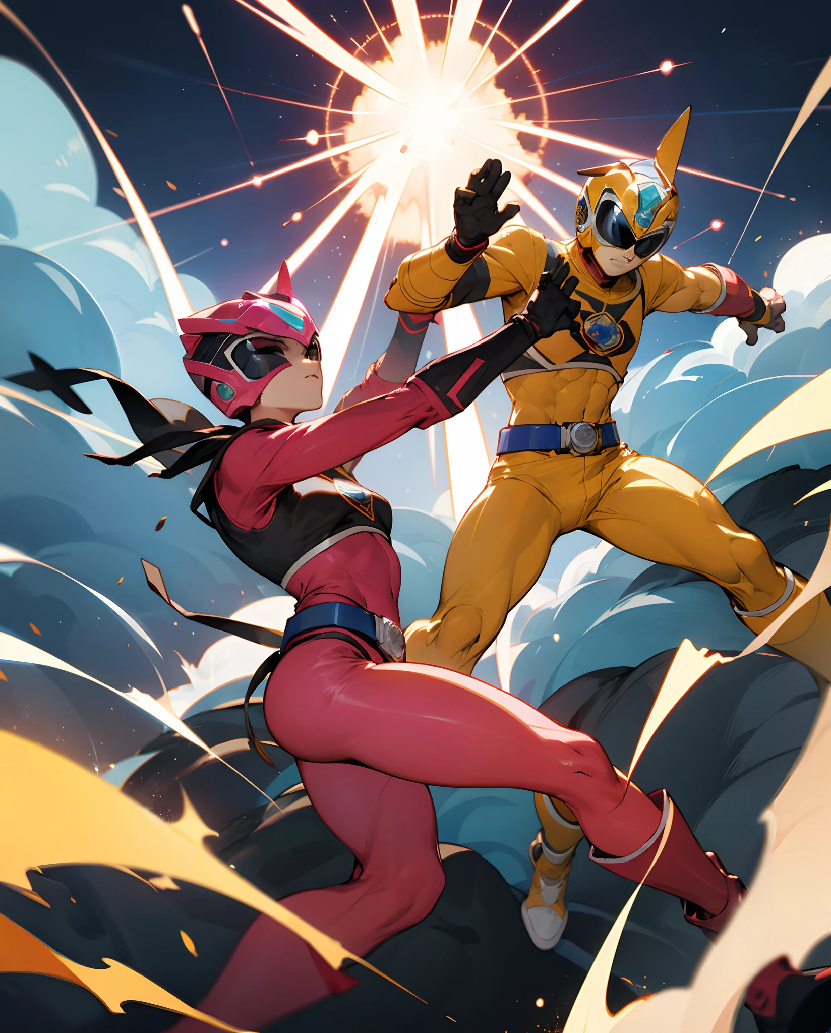 Chica power ranger rosa, chico power ranger azul hombre, pose epica, explosion, anime