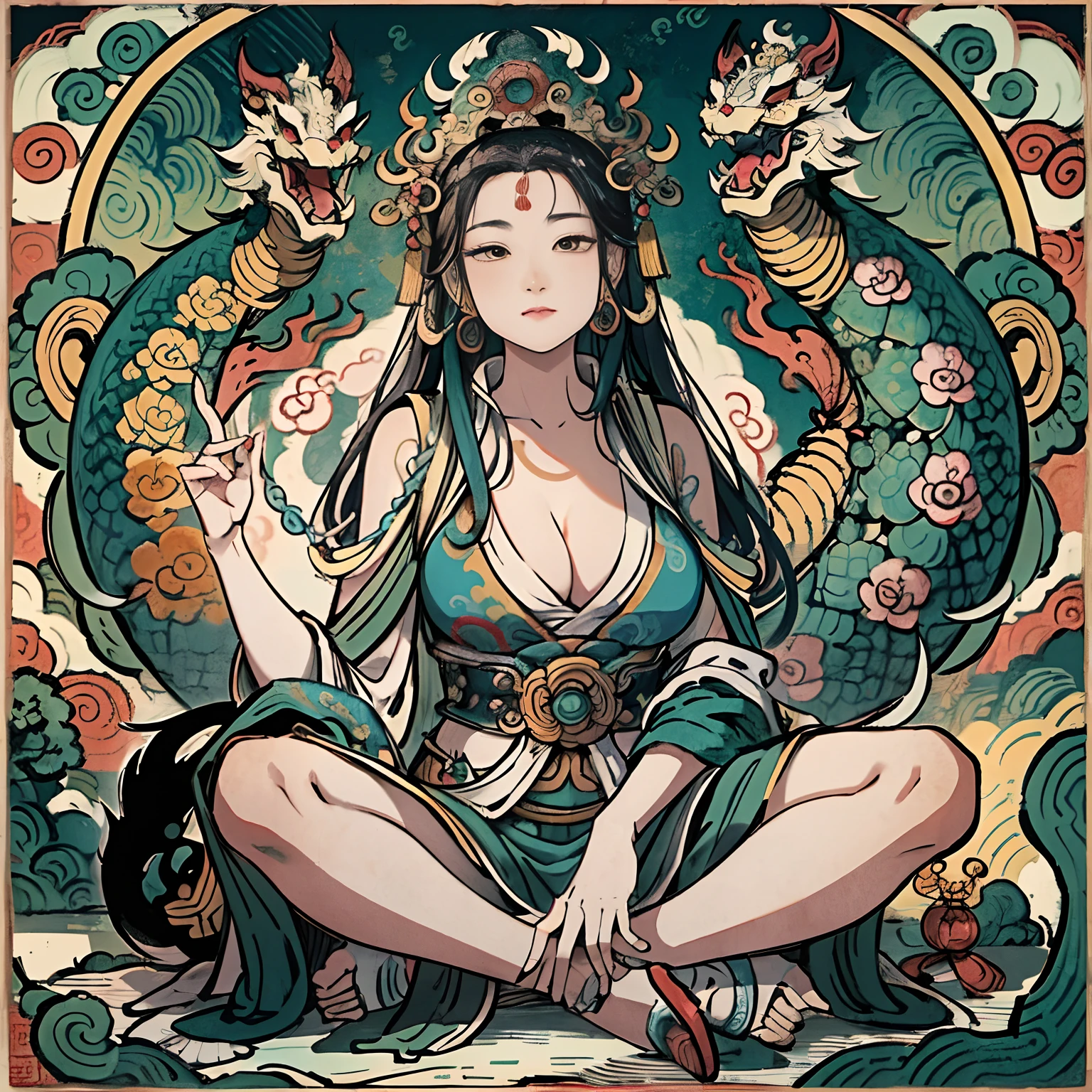 an ancient Chinese goddess, guanyin of the southern seas, Guanyin, Inspired by India, Avalokiteshvara rides a dragon,,Serene expression,shui mo hua,Buddha,Buddhist,Lotus,Chinese painting style,Thangka style
