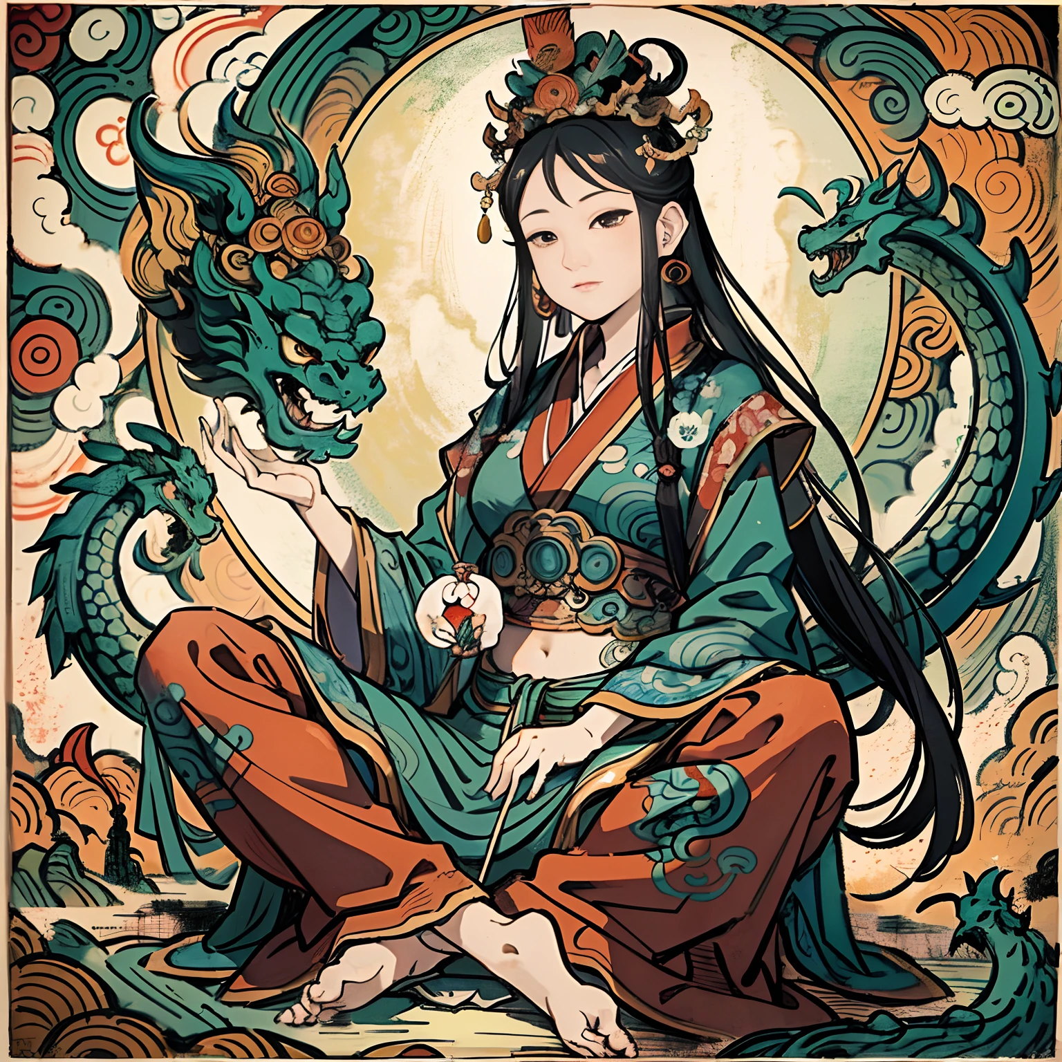 an ancient Chinese goddess, guanyin of the southern seas, Guanyin, Inspired by India, Avalokiteshvara rides a dragon,,Serene expression,shui mo hua,Buddha,Buddhist,Lotus,Chinese painting style,Thangka style
