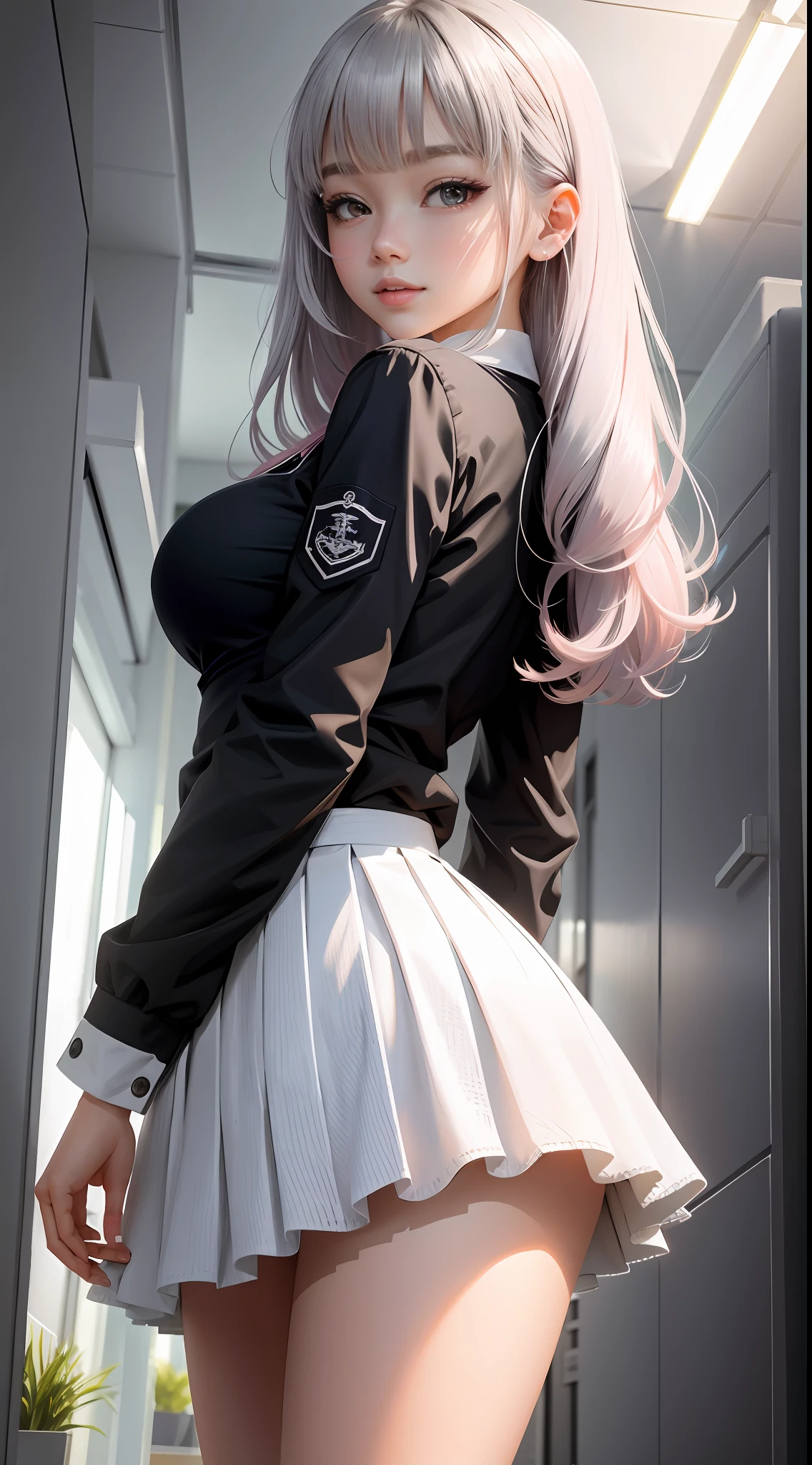 From below,depth of fields,Wide,multiple persons,school,Cute girl,22 year old,realisticlying,huge tit,Untie vanadium,She wears lace panties,Wear a student uniform,Iron gray hair。Short,Black monocular,Masterpiece, A high resolution, Extremely detailed, Character, White skin of the, Blush,Penetrating,Erogenous posture,Long legs,school ground,A seductive smile,Beautiful scenery,Under the tree,Skysky,