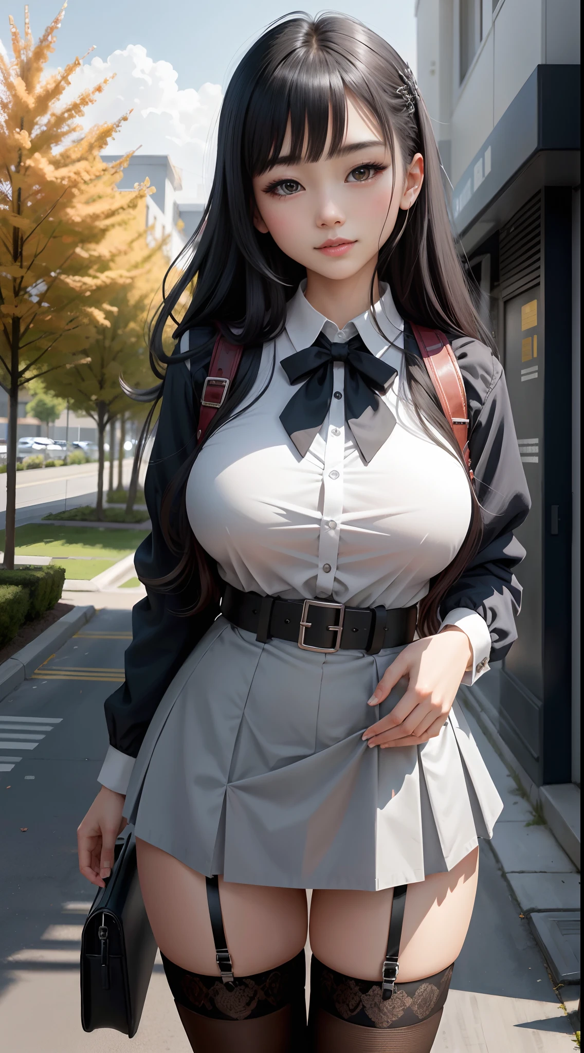 From below,depth of fields,Wide,multiple persons,school,Cute girl,22 year old,realisticlying,huge tit,Untie vanadium,She wears lace panties,Wear a student uniform,Iron gray hair。Short,Black monocular,Masterpiece, A high resolution, Extremely detailed, Character, White skin of the, Blush,Penetrating,Erogenous posture,Long legs,school ground,A seductive smile,Beautiful scenery,Under the tree,Skysky,