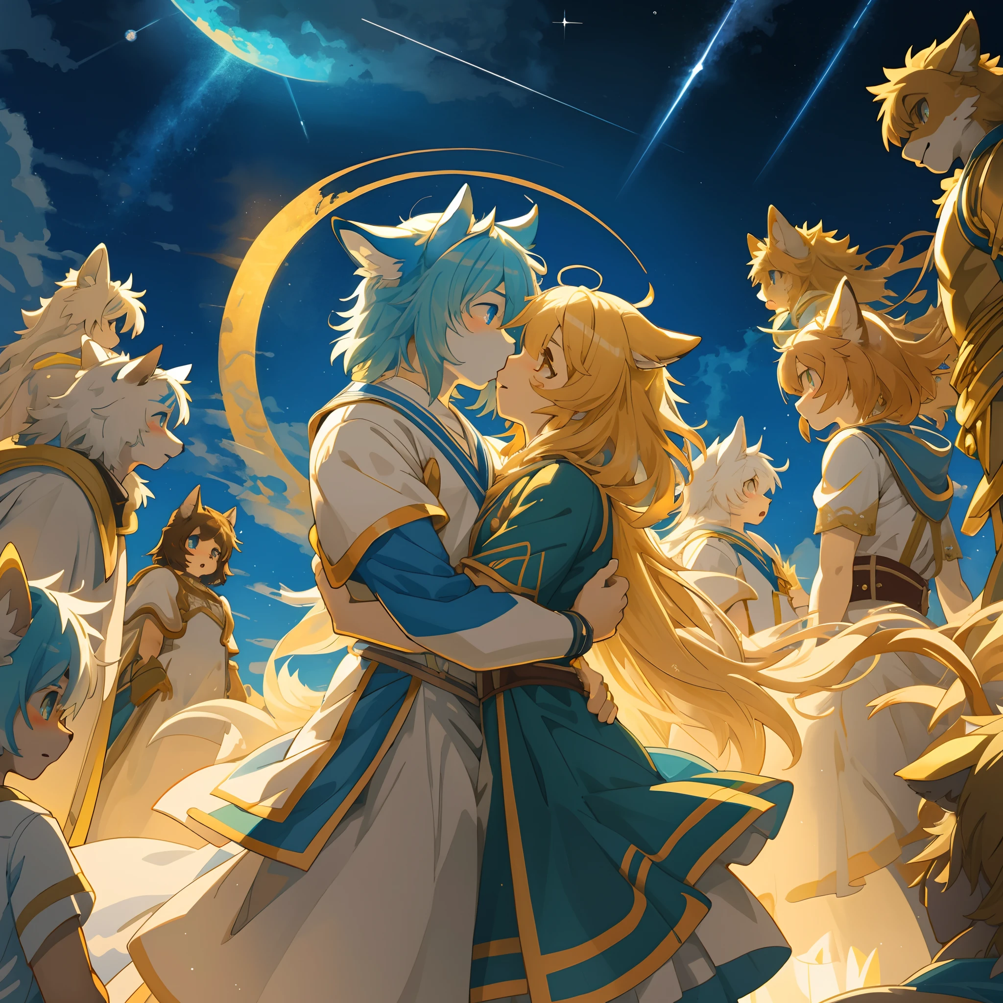 top quality, best quality, High-quality illustrations, masterpiece, super high resolution, detailed background, kosmos, Boys and girls embracing celestial bodies, 6+boys, 6+girls, absurdres(highly detailed beautiful face and eyes)perfect anatomy, expression, good lighting, cinematic shadow(kemono, furry anthro)assorted poses, dynamic angle,