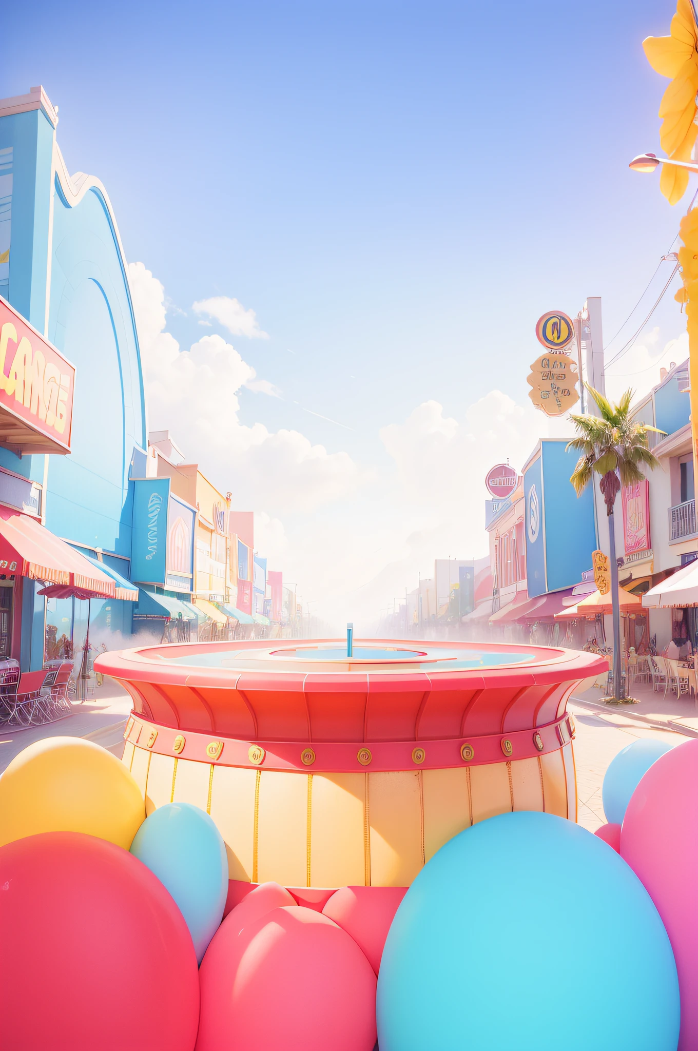 Paradise world/Carnival City,3Drenderingof,Dopamine Mood Paradise,Summer carnival style,Lovely and sophisticated building,shop,Premium texture,high-class details,Studio lights