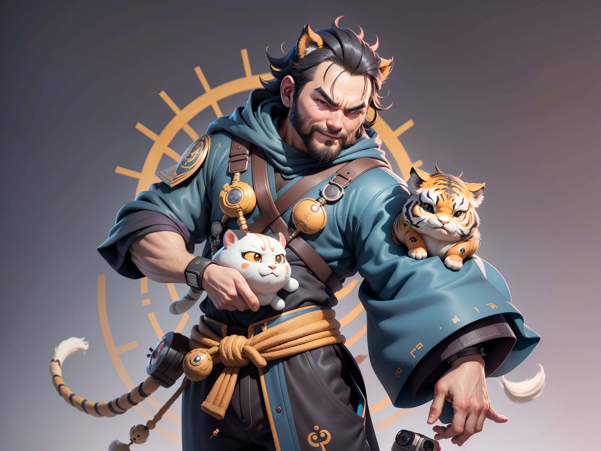 (Daisaku),(Need),(Super meticulous),(full bodyesbian:1.2),Super young man with Japanese geisha,Beautiful,orient,one tiger,Aeolian Thor,Raised sexy,爆乳,Oriental face,TV Anchor,Bust portrait illustration,In black suit,a blue tie,The face is slightly chubby,The face was clean,without a beard,Black super short hair,Black eyes,Smile confidently,3C computer sub-products,iPad, iphone,Digital painting,3D character design by Mark Clairen and Pixar and Hayao Miyazaki and Akira Toriyama,The illustration is a high-definition illustration in 4K resolution,With very detailed facial features and cartoon-style visuals。